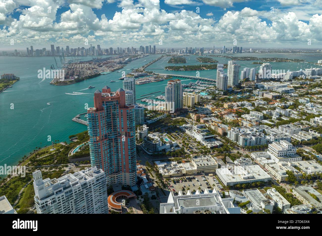 Miami Beach city American southern architecture. South Beach high luxurious hotels and apartment buildings. Tourist infrastructure in southern Florida Stock Photo