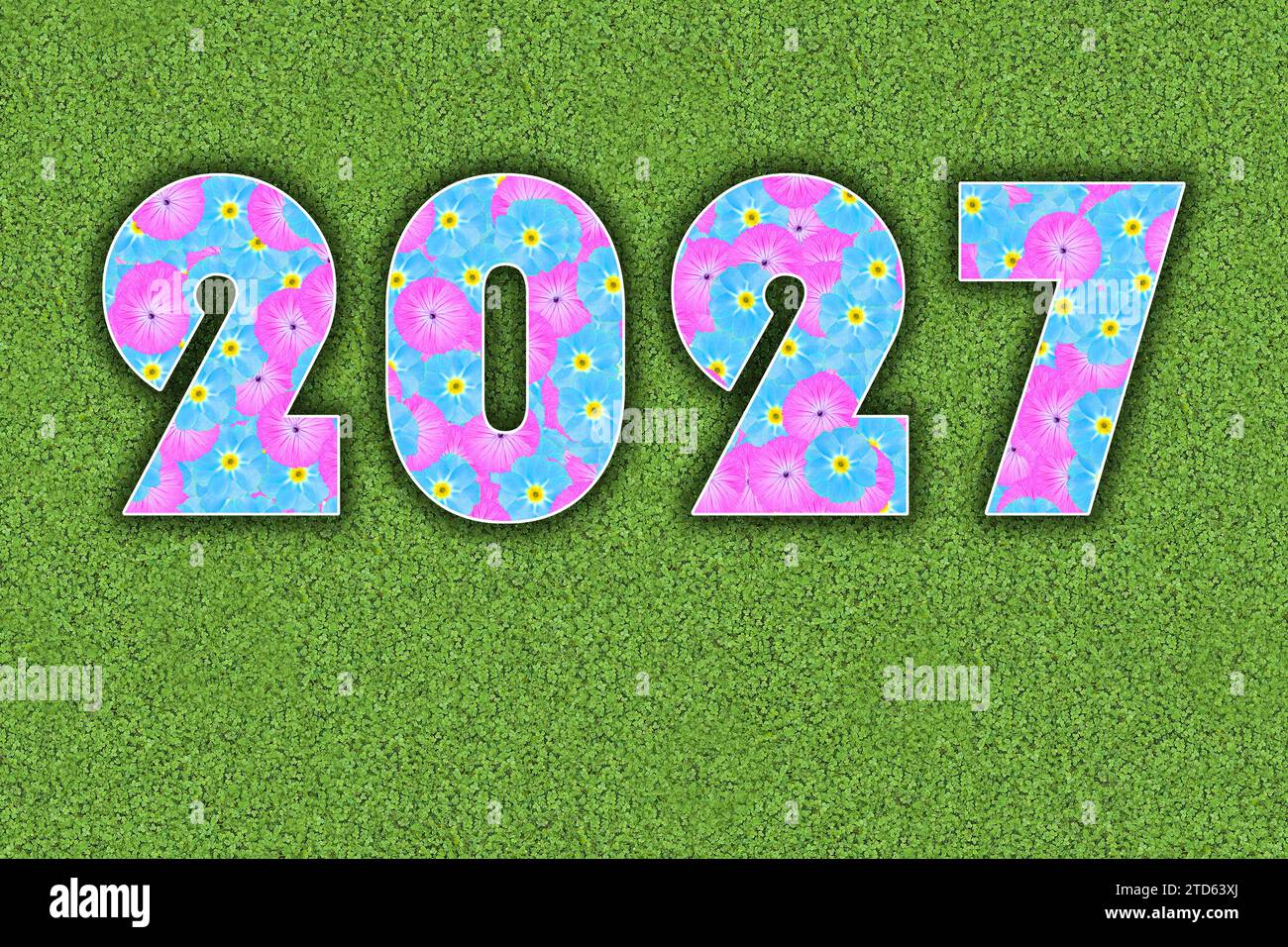 Year, year 2027 written with baby colours, light blue and pink flowers on a green background Stock Photo