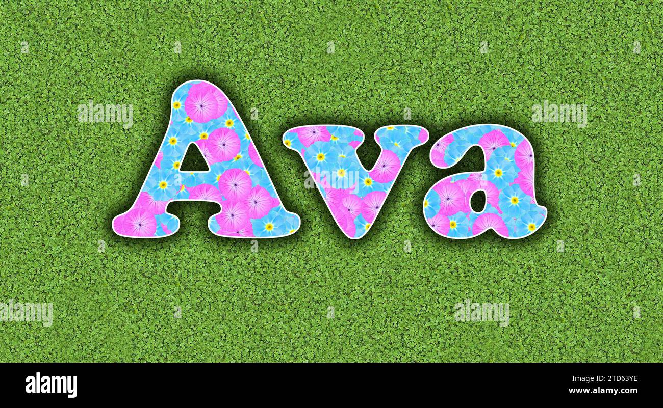 Ava, one of the ten most popular girls' first names in the USA, 2023, written with flowers in baby colours, pink and light blue, on a green background Stock Photo