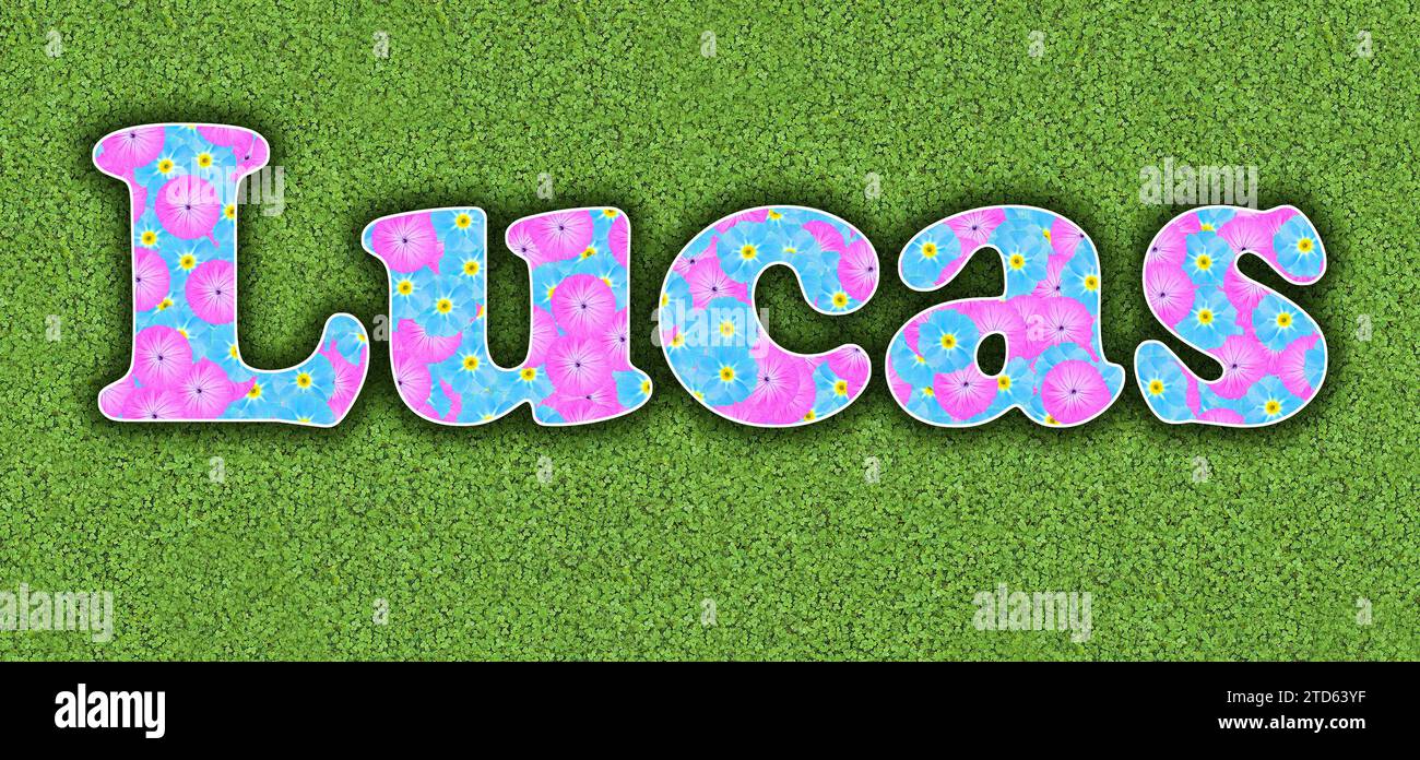 Lucas, one of the ten most popular boys' first names in the USA, 2023, written with flowers in baby colours, pink and light blue, on a green backgroun Stock Photo