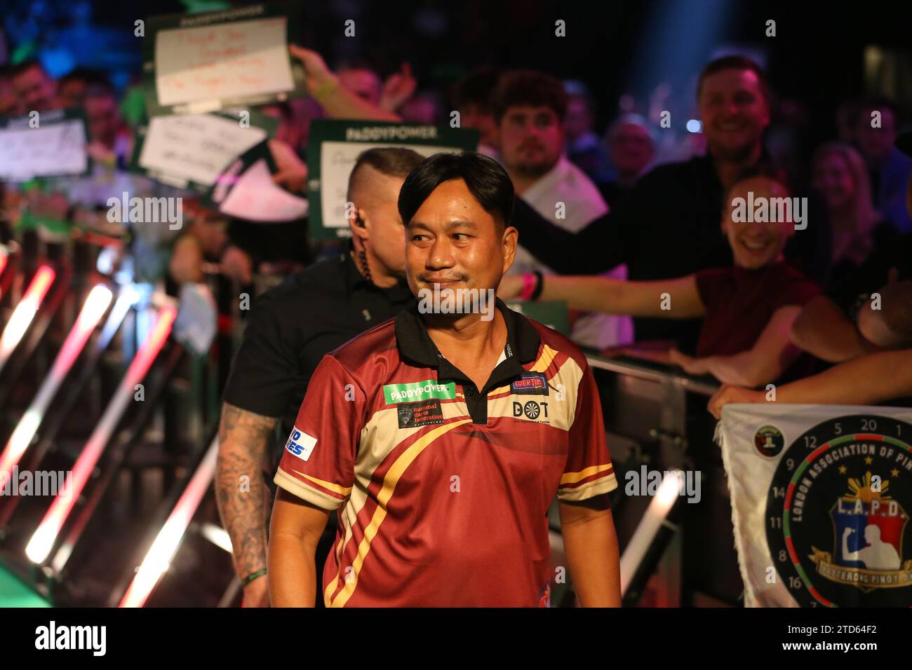 London, UK. 16th December 2023,  Alexandra Palace, London, England; 2023/24 PDC Paddy Power World Darts Championships Day 2 Evening Session; Reynaldo Rivera is introduced to the crowd for his match against Keane Barry. Credit: Action Plus Sports Images/Alamy Live News Stock Photo