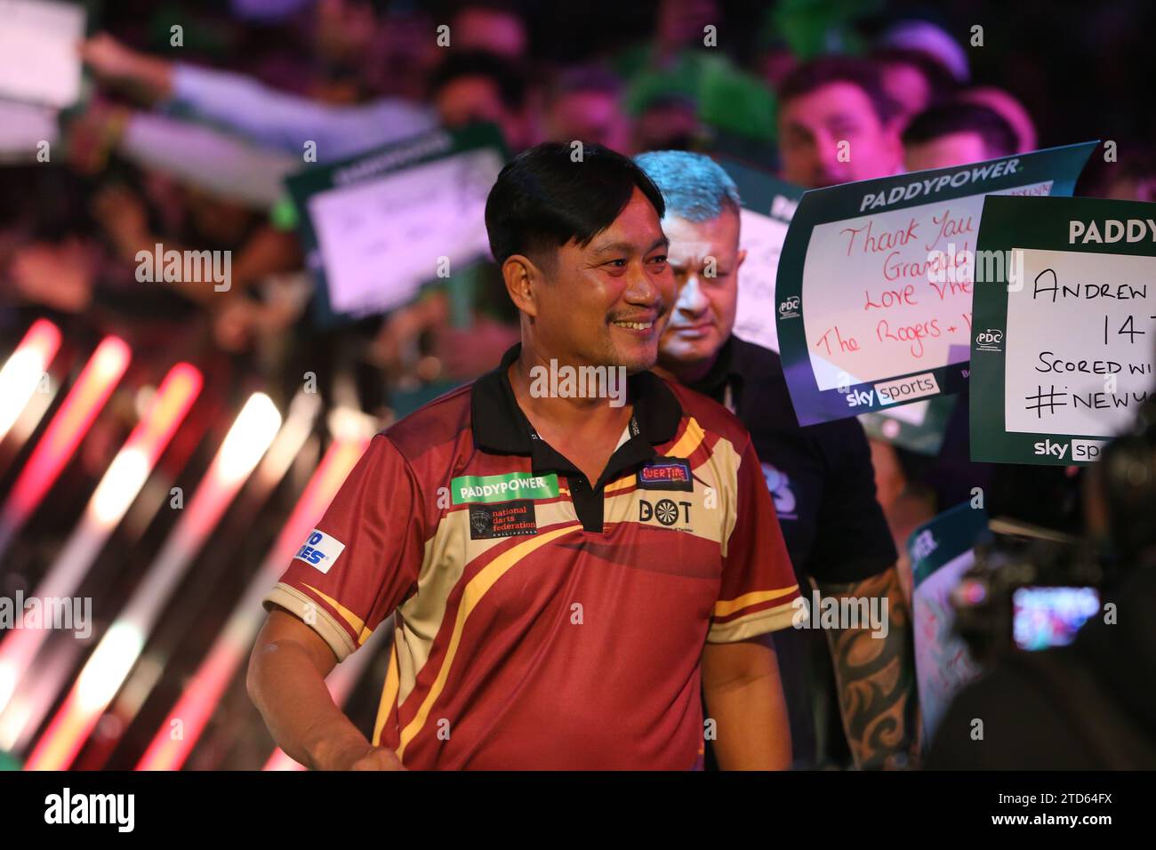 London, UK. 16th December 2023,  Alexandra Palace, London, England; 2023/24 PDC Paddy Power World Darts Championships Day 2 Evening Session; Reynaldo Rivera is introduced to the crowd for his match against Keane Barry. Credit: Action Plus Sports Images/Alamy Live News Stock Photo