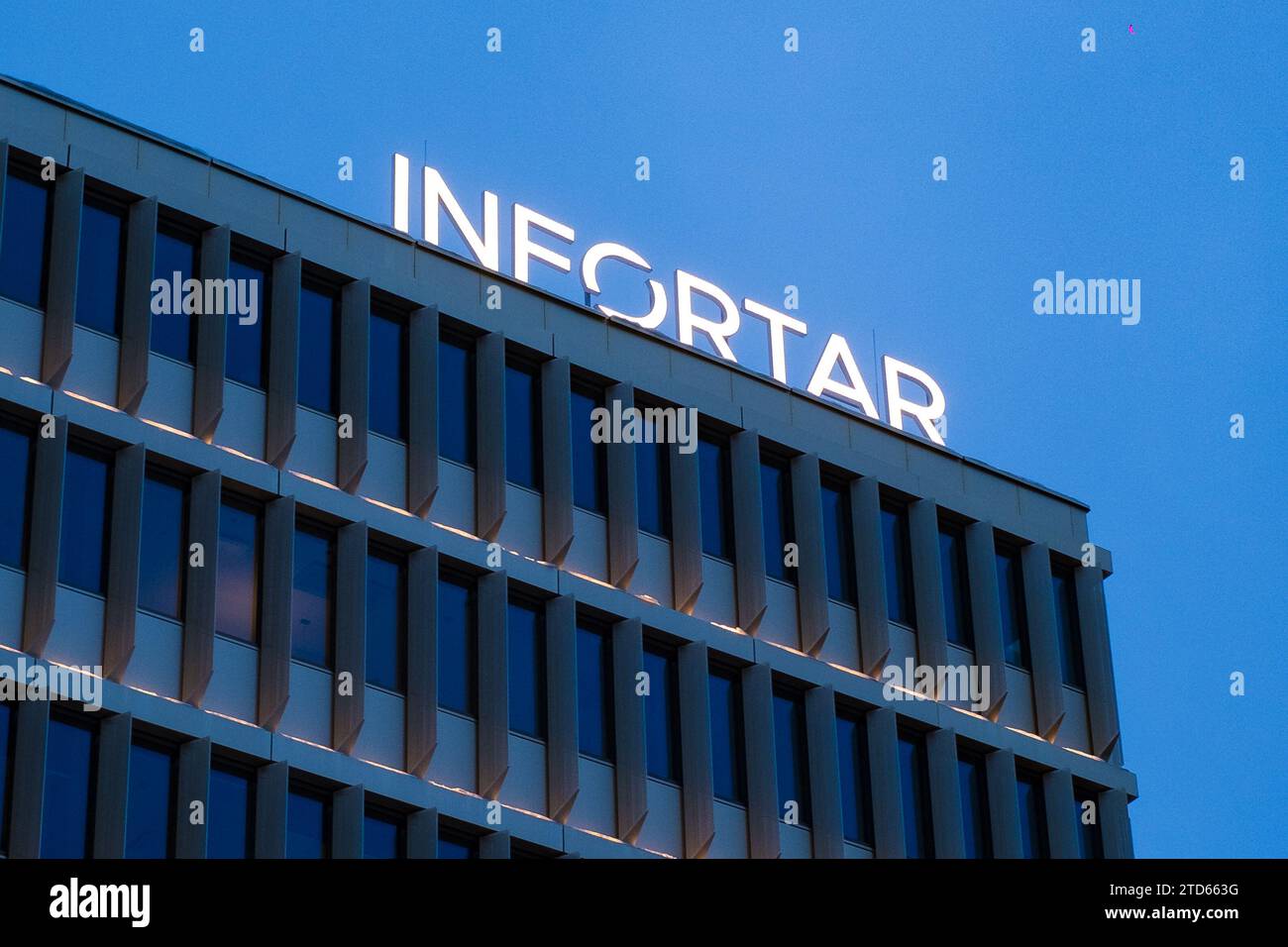 Tallinn, Estonia - December 16, 2023: Infortar logo sign on their head office building in Tallinn. Stock Photo