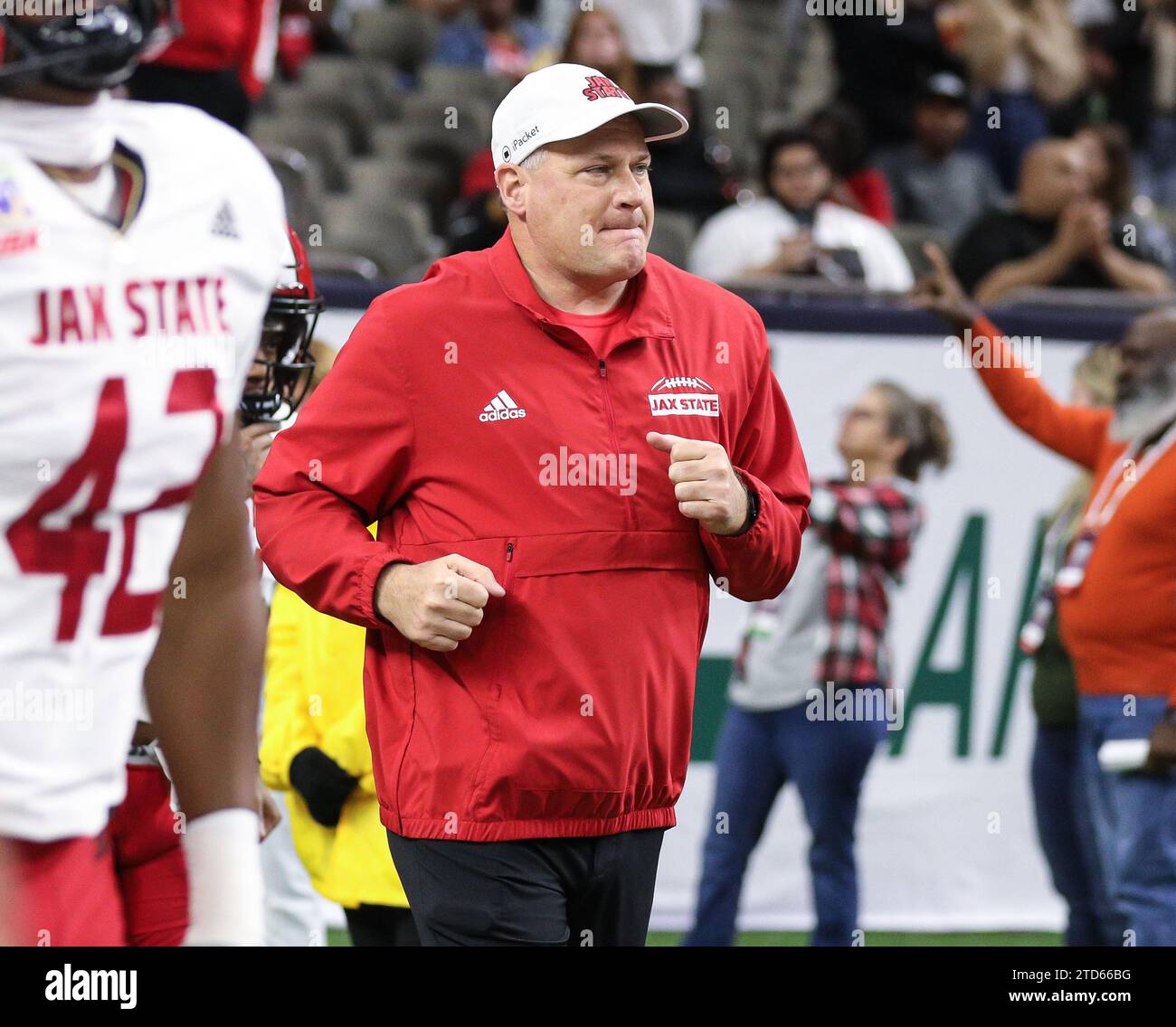 December 16, 2023: Jax State Rich Rodriguez runs onto the field prior to the 2023 R&L Carriers New Orleans Bowl football game between the Jacksonville State Gamecocks and the Louisiana Ragin' Cajuns at Caesars Superdome in New Orleans, LA. Kyle Okita/CSM Stock Photo