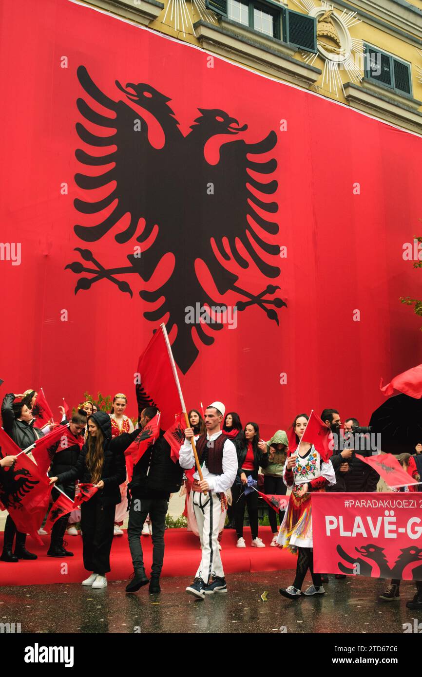Tirana, Albania - November 28, 2023: On a rainy Independence Day