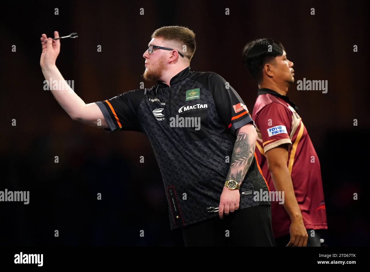 Keane Barry in action against Reynaldo Rivera (not pictured) on day two of the Paddy Power World Darts Championship at Alexandra Palace, London. Picture date: Saturday December 16, 2023. Stock Photo