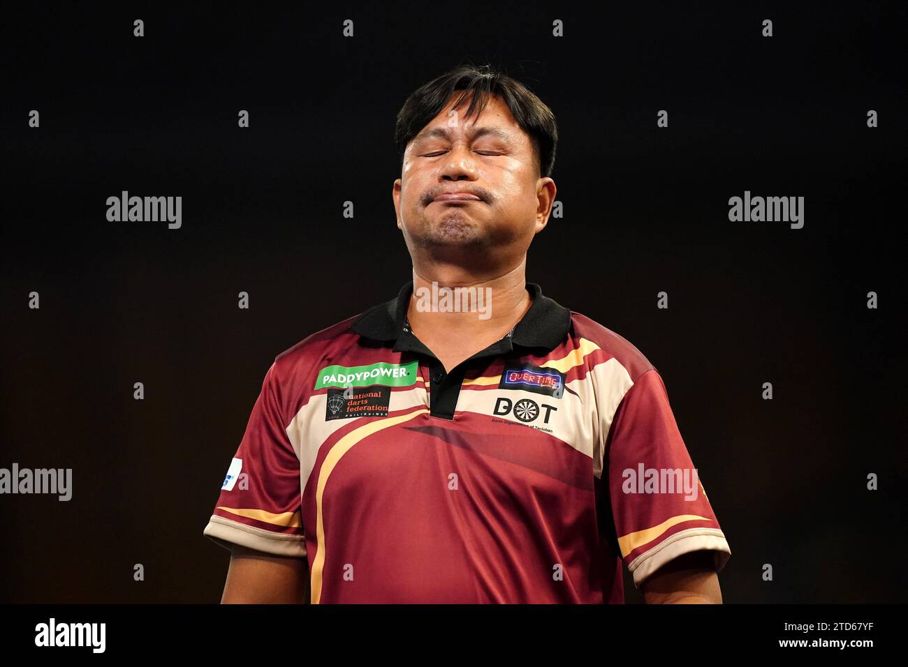 Reynaldo Rivera reacts after his match against Keane Barry (not pictured) on day two of the Paddy Power World Darts Championship at Alexandra Palace, London. Picture date: Saturday December 16, 2023. Stock Photo