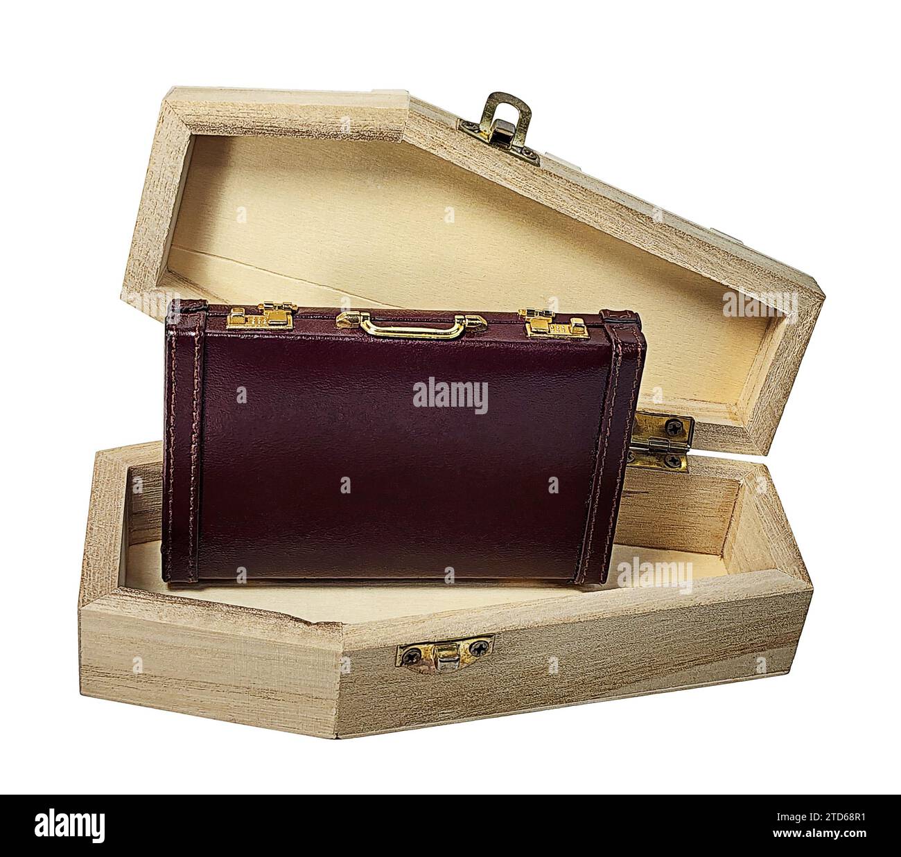 Briefcase in a coffin to show a dead case or dead business Stock Photo