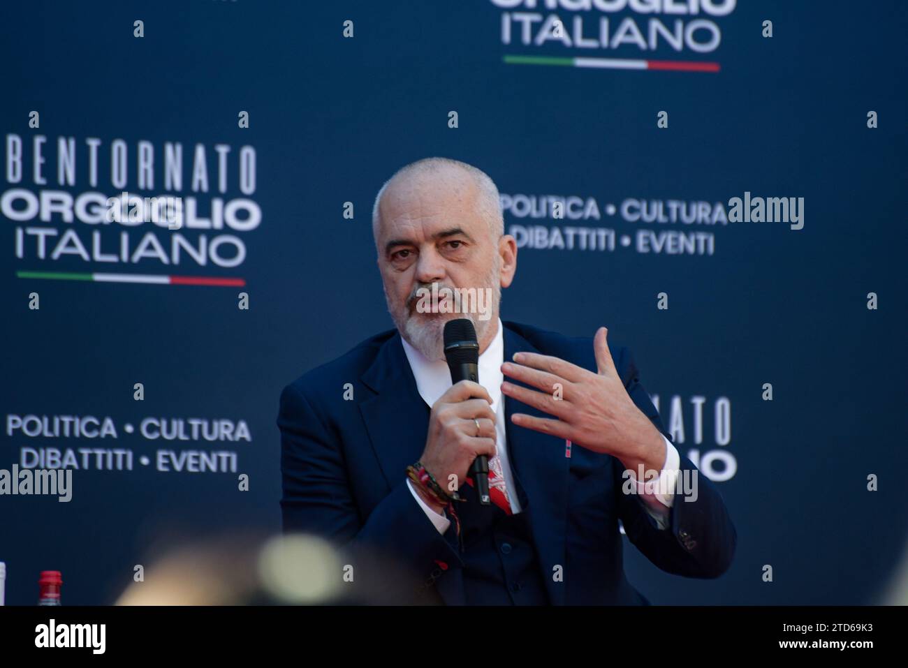 Rome, Italy. 16th Dec, 2023. Edi Rama speaks at the Atreju 2023, the annual meeting of the right-wing political party Fratelli d'Italia in Rome. Credit: SOPA Images Limited/Alamy Live News Stock Photo