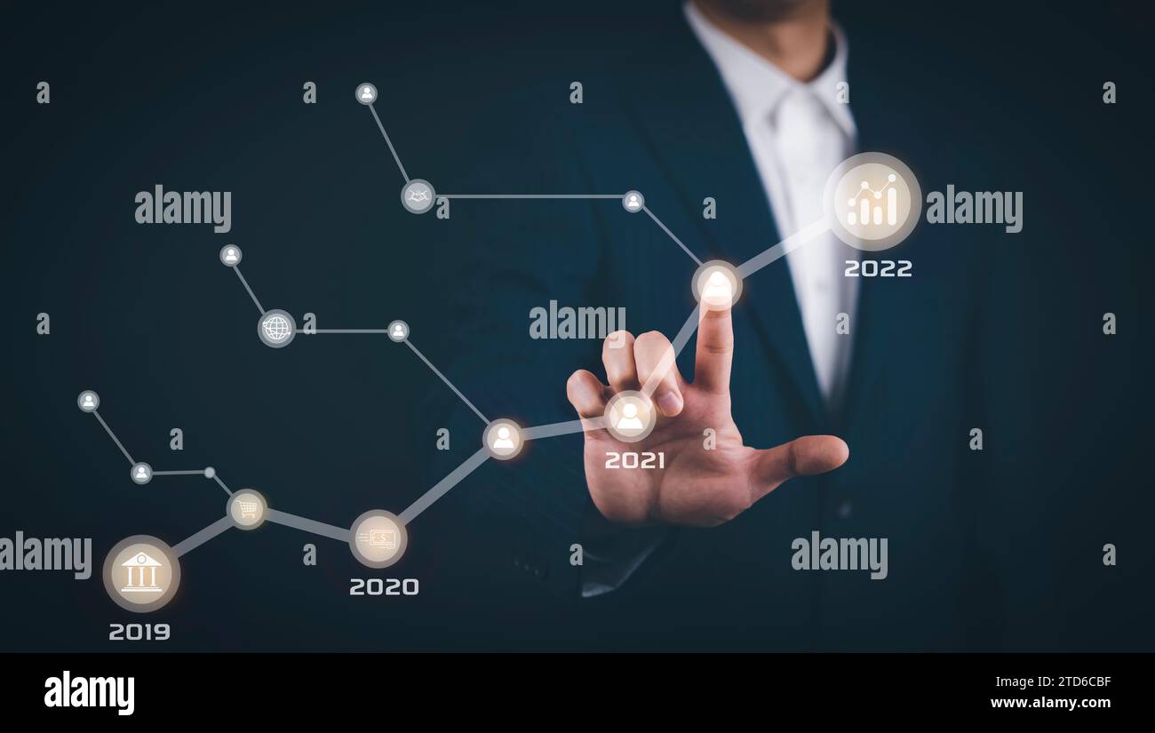 Businessman touch line arrow with number 2022 on the graph chart of stock market ,Technology Process System Business with Investment and stock market Stock Photo