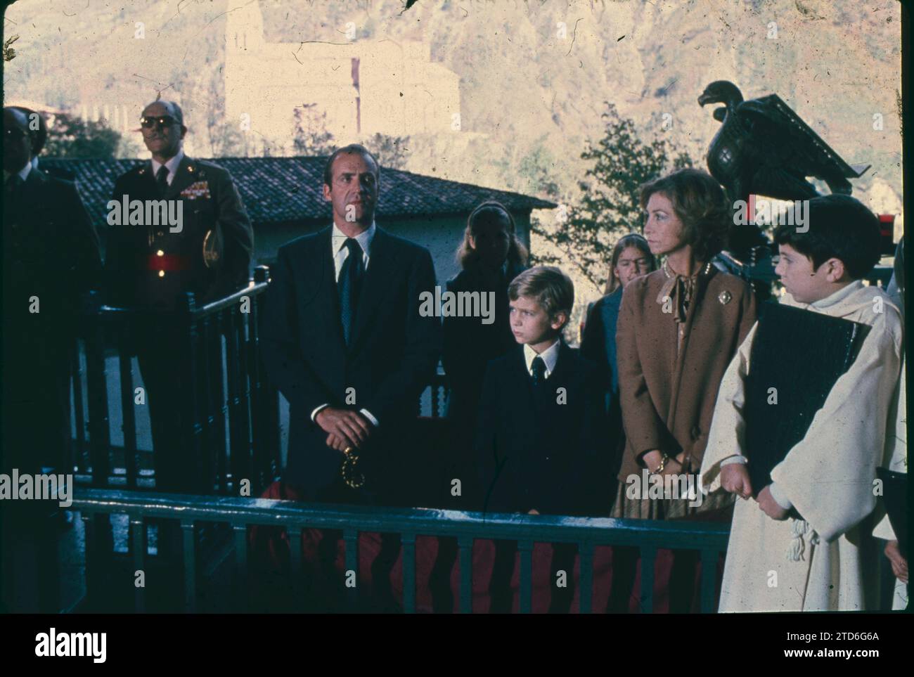 Covadonga Monastery (Asturias), 9/24/1980. First official trip that King Don Felipe made after being named Prince of Asturias. Accompanied by his parents, Kings Don Juan Carlos and Doña Sofía, he received a tribute in Covadonga. Credit: Album / Archivo ABC Stock Photo