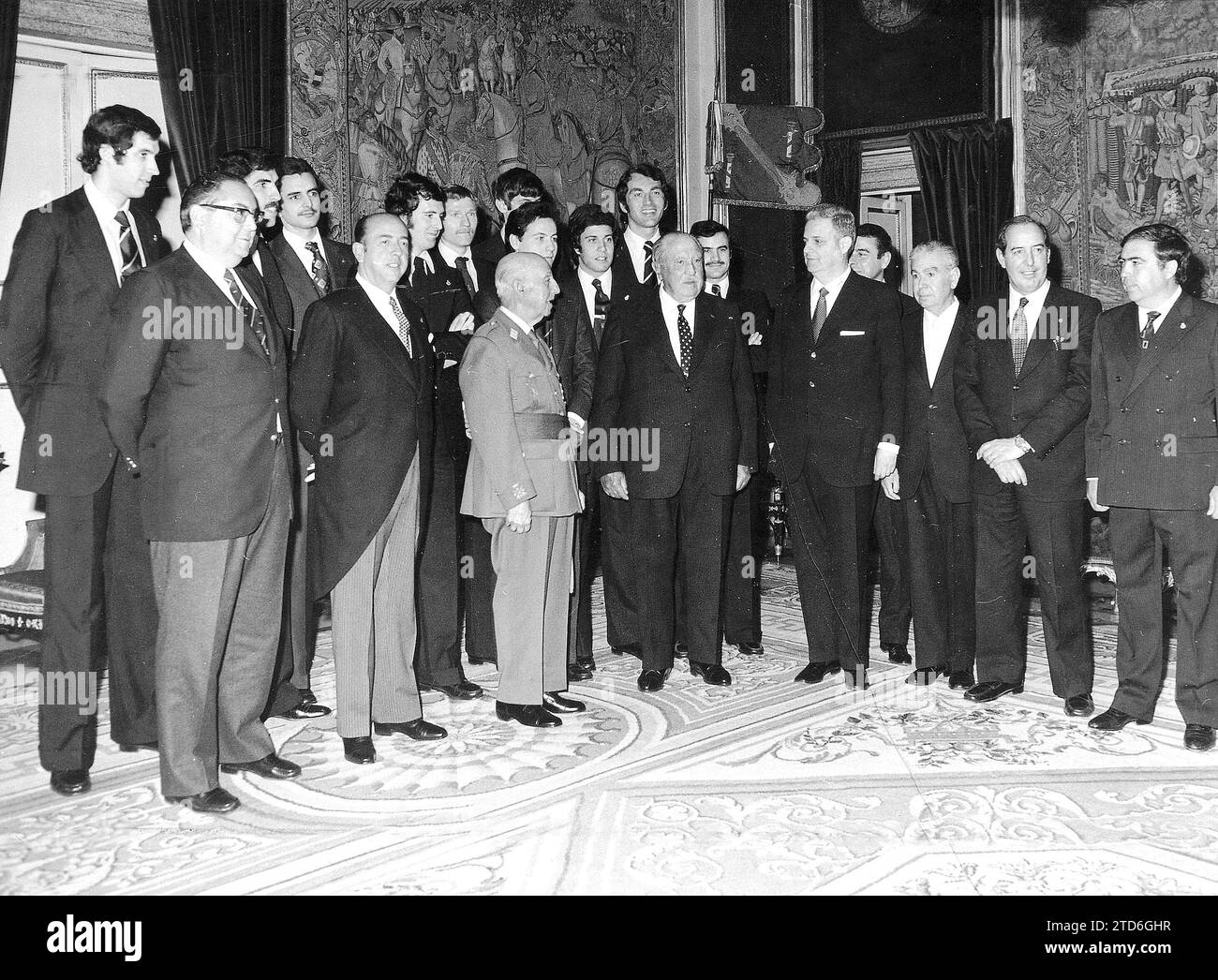04/16/1974. Franco Receives Real Madrid Basketball, European Champion, the team Chaired by Santiago Bernabeu and accompanied by the general secretary of the movement Jose Utrera Molina, Mr. Juan Gich and Bech de Careda, national delegate of Physical Education and Ernesto Segura de Luna, president of the Spanish Basketball Federation. Credit: Album / Archivo ABC / Manuel Sanz Bermejo Stock Photo