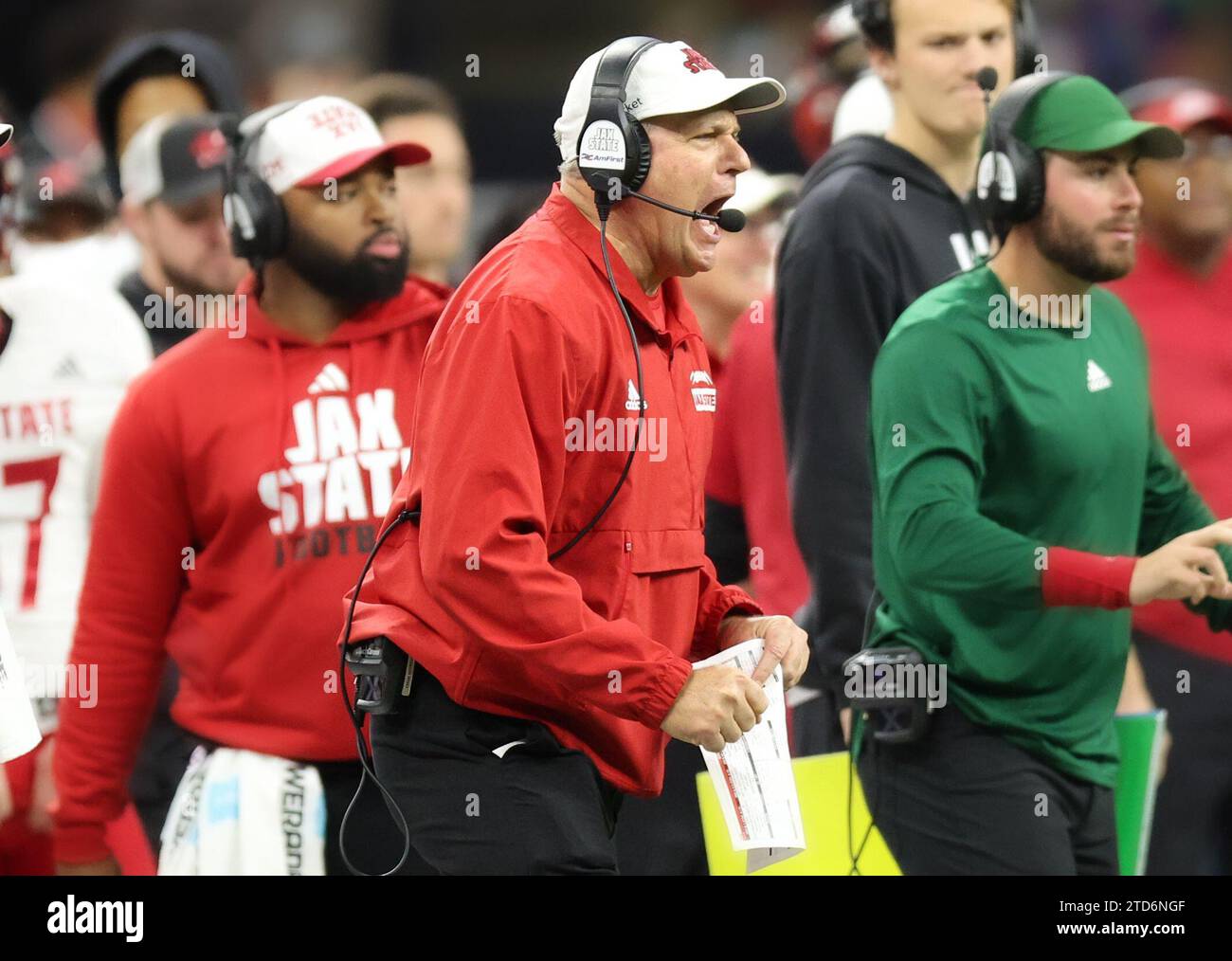 December 16, 2023: Jax State Rich Rodriguez yells fromt he sidelines during the 2023 R+L Carriers New Orleans Bowl football game between the Jacksonville State Gamecocks and the Louisiana Ragin' Cajuns at Caesars Superdome in New Orleans, LA. Kyle Okita/CSM Stock Photo