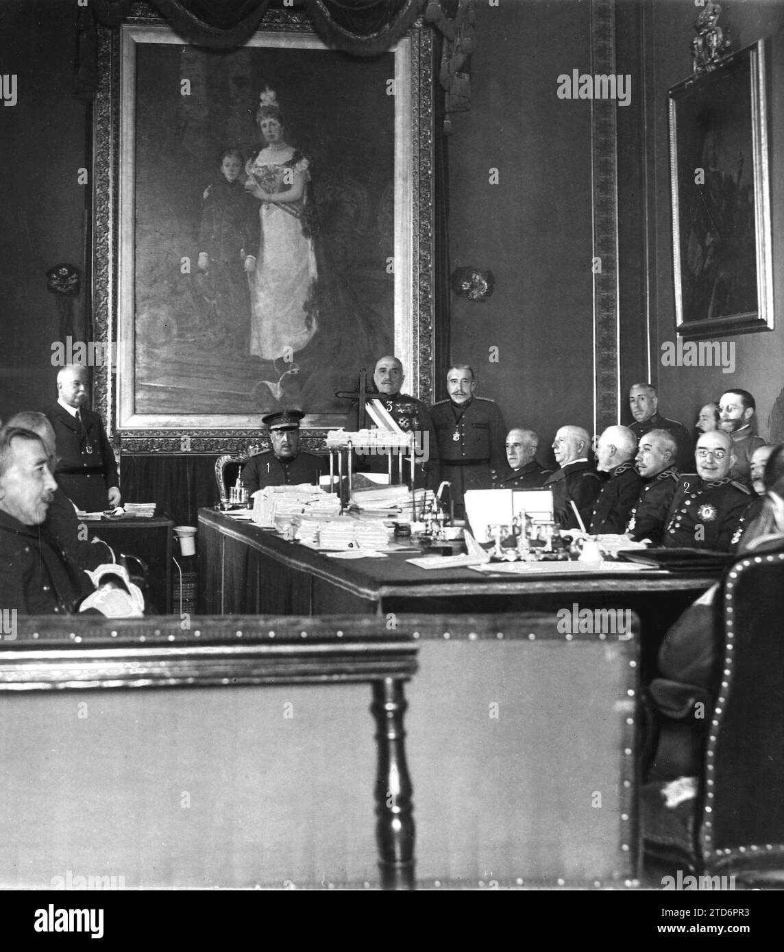 12/15/1923. Madrid. The Supreme Council of War and Navy. Session Held under the presidency of General Aguilera (1) to give oath of office to the New Councilors Mr. Carlos Blanco (2) and Mr. José Zamora (3). Credit: Album / Archivo ABC / José Zegri Stock Photo