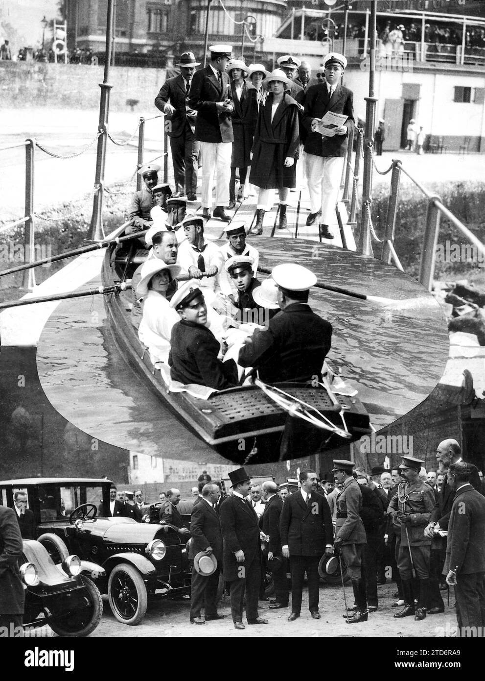 08/31/1922. San Sebastian - Royal Family - 1.- The Prince of Asturias (A), the Infante Don Jaime (B) and the Infantas Doña Beatriz (C) and Doña Cristina (D), on the Embarcadero, when going to witness the Regattas. 2, His Majesty the King arriving at the Trade Fair. 3, the Infantry in a Escampavia. Credit: Album / Archivo ABC / Julio Duque Stock Photo