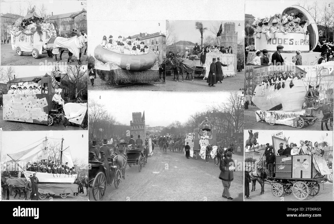 02/10/1907. The festival on Paseo de la Castellana. (1) General appearance of the Paseo during yesterday afternoon. Floats that have attracted the most attention: (2) 'Japanese'; (3) 'Happy hours'; (4) 'Gold Tower'; (5) 'Modes of Paris'; (6) 'Last email'; (7) 'Fora a morriña'; (8) 'Terror of the Manzanares'; (9) 'The old world and the new. Credit: Album / Archivo ABC Stock Photo