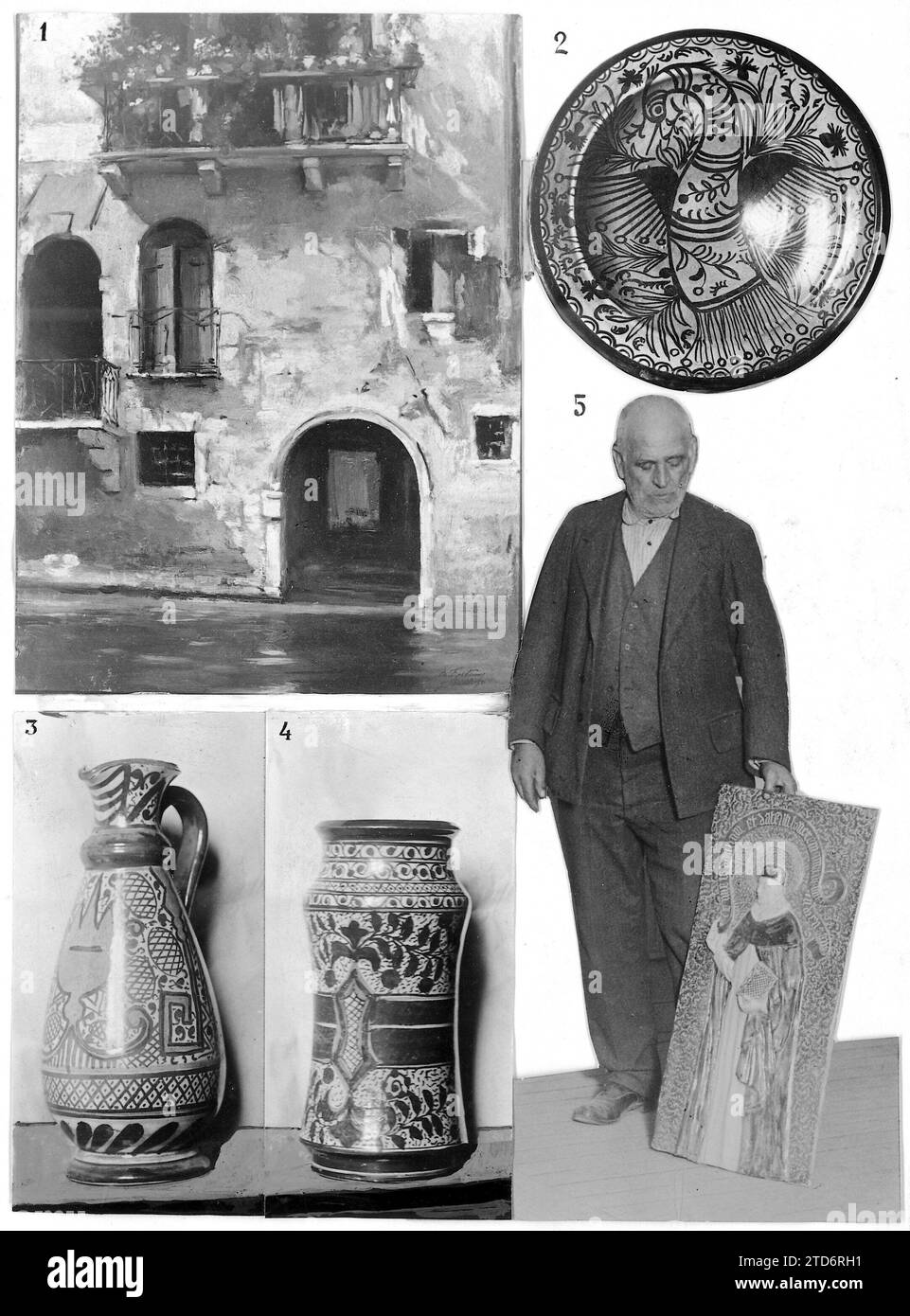 12/17/1923. Madrid. From Current Artistic Exhibitions. 1.- 'a canal in Venice', painting by the painter Mariano Fortuny Madrazo. 2.- Pardalot dish. 3 and 4.- Arab vessels. 5.- the ceramist Francisco Mora, author of the Previous Works. Credit: Album / Archivo ABC / Julio Duque Stock Photo