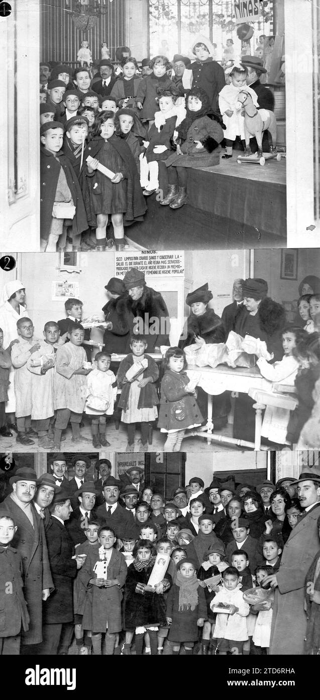 01/05/1920. Madrid. The festival of the Three Wise Men, distribution of Toys Verified Yesterday, from the Children of Madrid center 1. From the Women's Hygiene Committee 2. And from the Maurist youth 3. Credit: Album / Archivo ABC / Julio Duque Stock Photo
