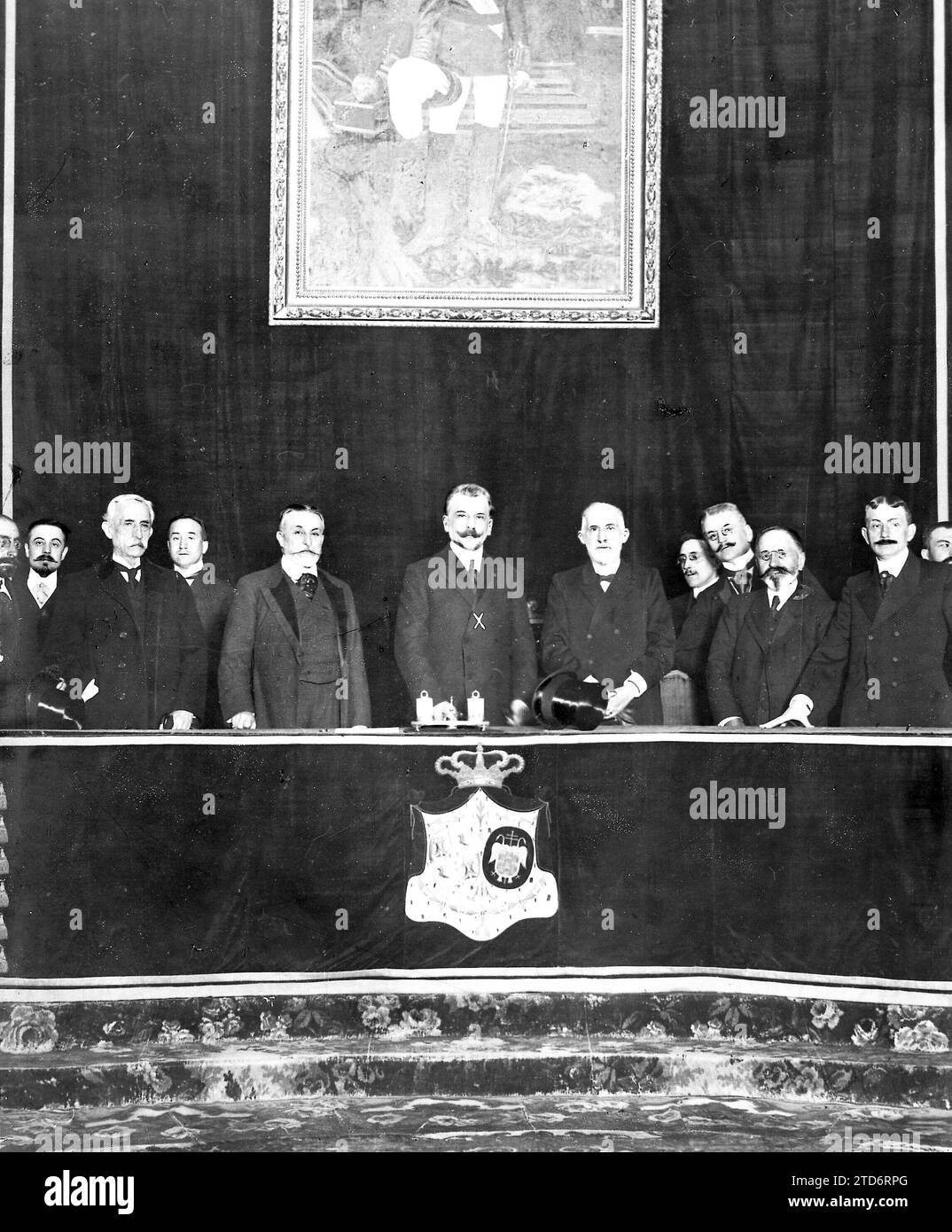 04/18/1911. Yesterday's solemnity in Madrid. The Minister of Public Instruction (X) in the presidency of the opening ceremony of the French Institute course, Verified yesterday afternoon in the auditorium of the Central University. Credit: Album / Archivo ABC / Rivero Stock Photo