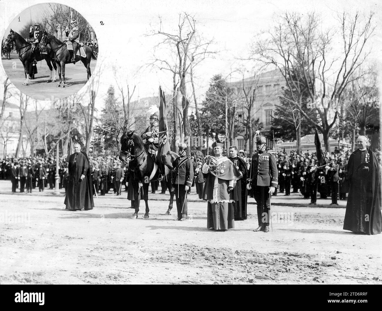 03/01/1908. Madrid. The swearing of the flag by the Recruits Verified yesterday in Castellana. (1) HM the King and Grand Duke Boris, at the Troops Parade; (2) the bishop of Sion (X) To his right, on horseback, General Bascaran, military governor of this court. Credit: Album / Archivo ABC / Francisco Goñi Stock Photo