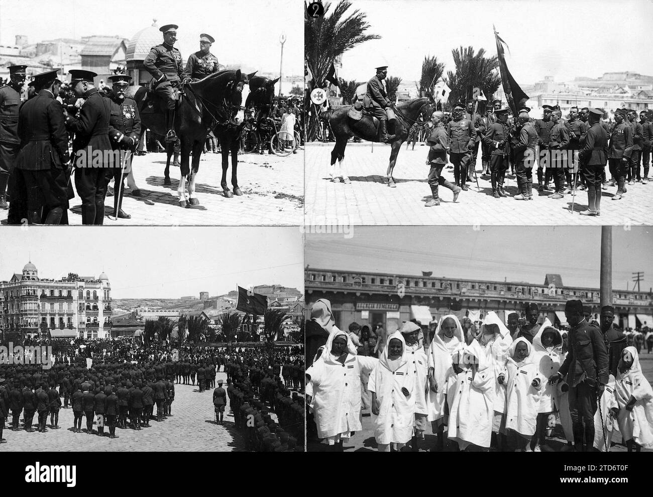 03/31/1920. Melilla. The Flag Pledge. 1.- Generals Fernández and Monteverde during the solemn ceremony. 2.- Ceriñola Recruits Swearing. 3.- appearance of the Plaza de España during the Jura. 4.- Indigenous Children Students of the Spanish Classes Who Attended the Event. Photo: Catalan. Credit: Album / Archivo ABC / CATALAN Stock Photo