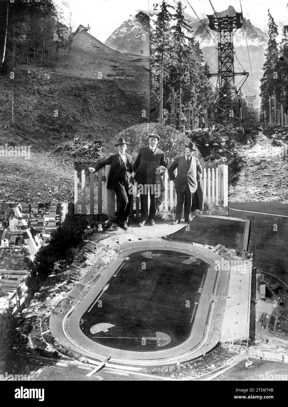 Preparations for the 1924 Olympic Games. In Chamonix, 1. Springboard for Ski Jumps 77 Meters High. 2. Airline that the Bolsleighs and the Competitors will use to climb the Pic Du Midi, 3. Messrs. Frantz-Reichel. Secretary of the French Olympic Committee; Edstrom. President of the International Athletics Federation and Peycelon delegate of the French government, 4. Paris current status of the Works at the Colombes stadium. Credit: Album / Archivo ABC Stock Photo