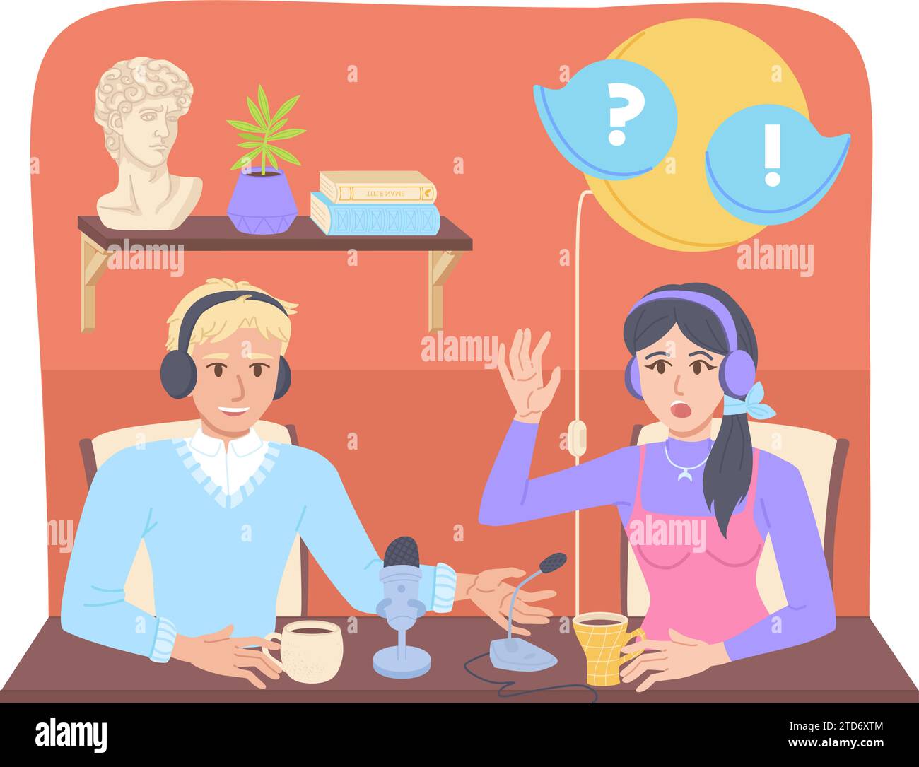 blogger Interview concept. Boy interviewing girl. Indoor background. Stock Vector