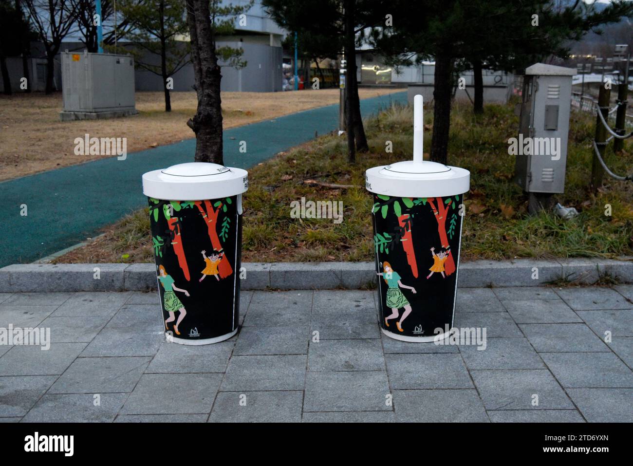 Trash cans in Seoul, South Korea on December 13, 2023. (Photo by Efren