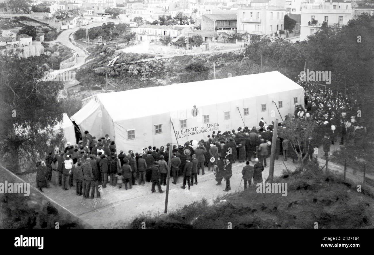 04/30/1922. They pray. For our army in Africa. Blessing of the Field Tent-hospital, for 24 Wounded, and adjacent for Operations, gift from the Spanish Colony. Photo: A. Canet. Credit: Album / Archivo ABC / A. Canet Stock Photo