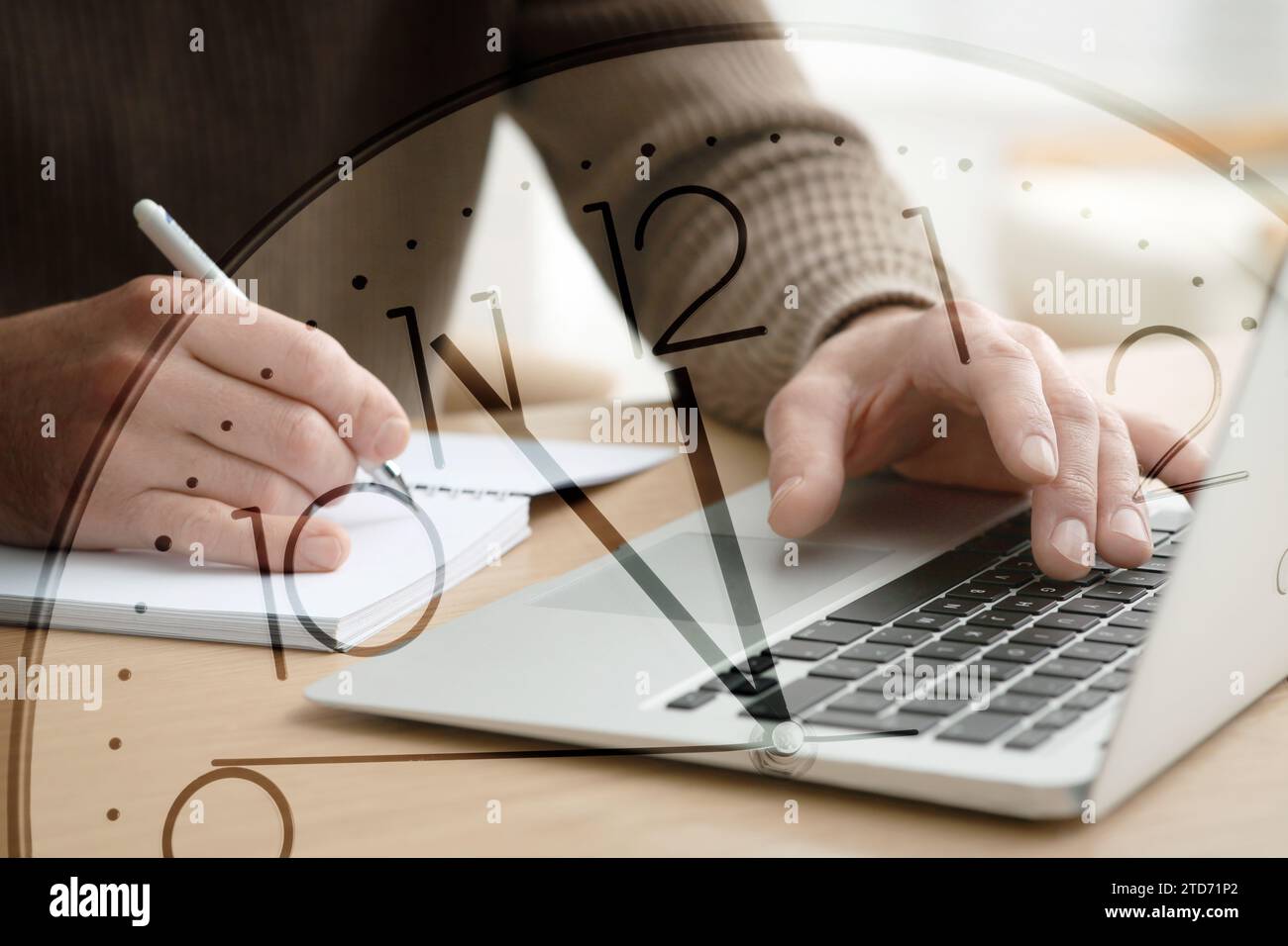 Time concept. Double exposure of man using laptop while taking notes and clock Stock Photo