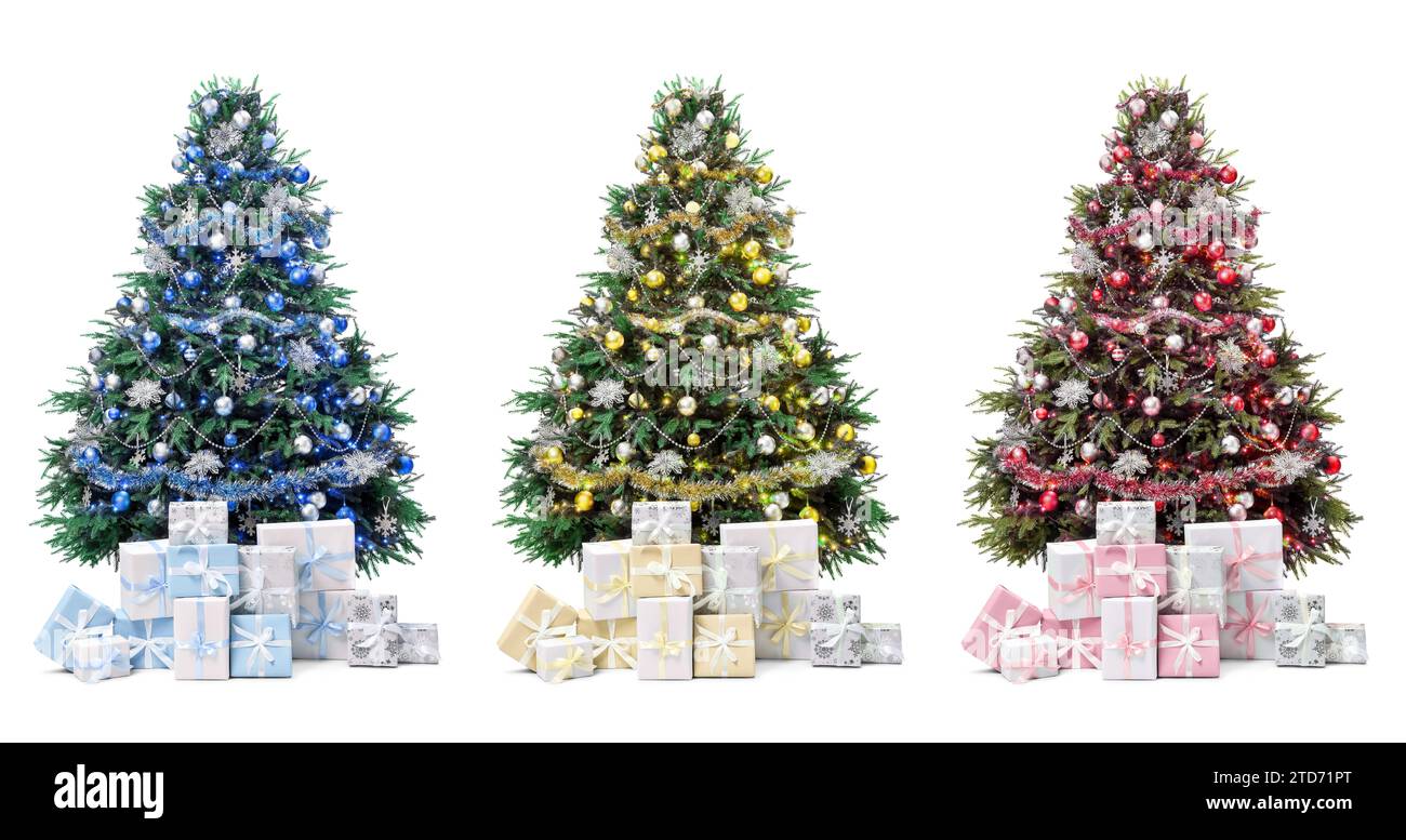 Christmas trees decorated in different colors isolated on white ...