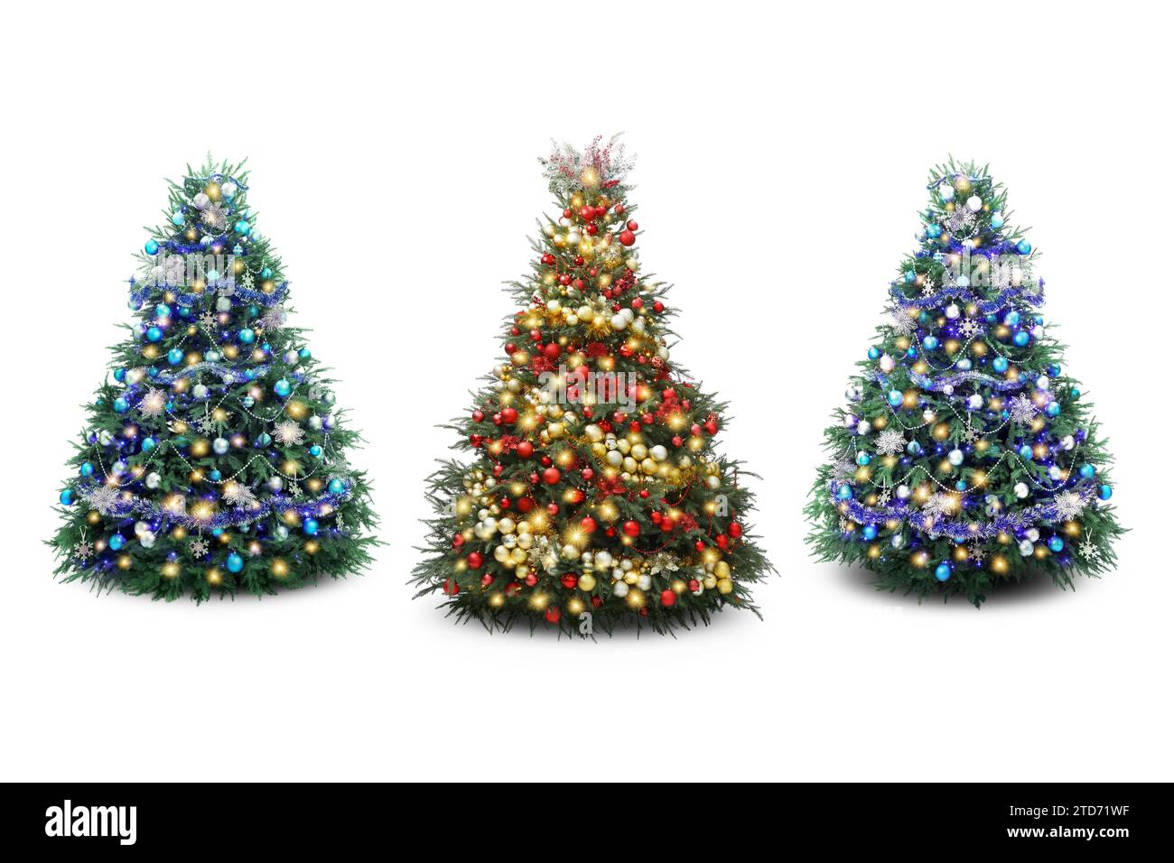Christmas trees decorated with ornaments and festive lights isolated on ...