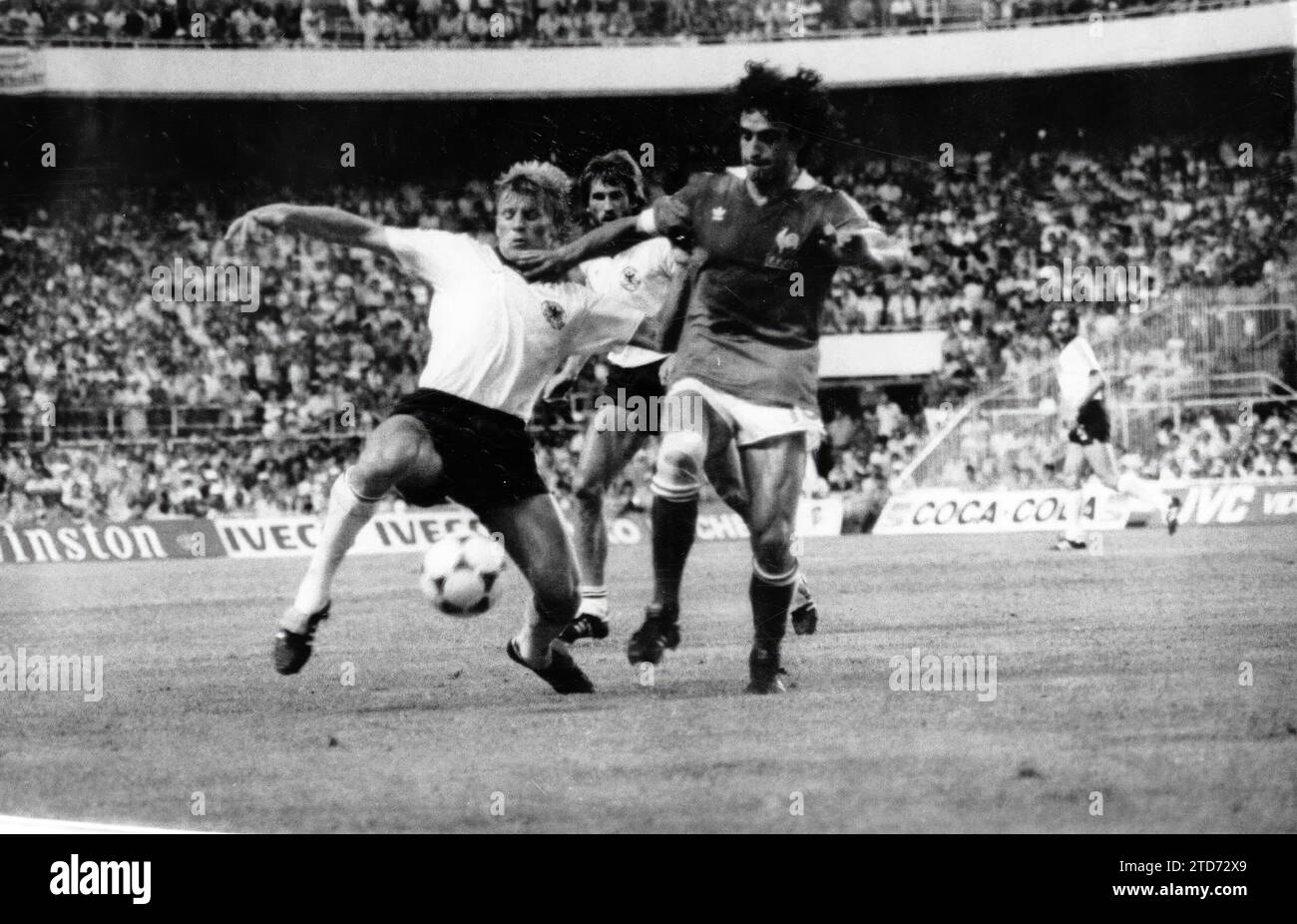 On July 8, 1982, the second Semifinal match of the 82 World Cup between the National Teams of Federal Germany and France was played at the Ramón Sánchez-Pizjuan stadium in Seville. This is one of the Best Matches in the history of the Soccer World Cups. The result was a three-goal draw, after even an extra time was played. In the Penalty Shots, the Germans won 5-4. In the image you can see the French captain, Michel Platini, current president of UEFA. (photo Folded Angel). Credit: Album / Archivo ABC / Ángel Doblado Stock Photo