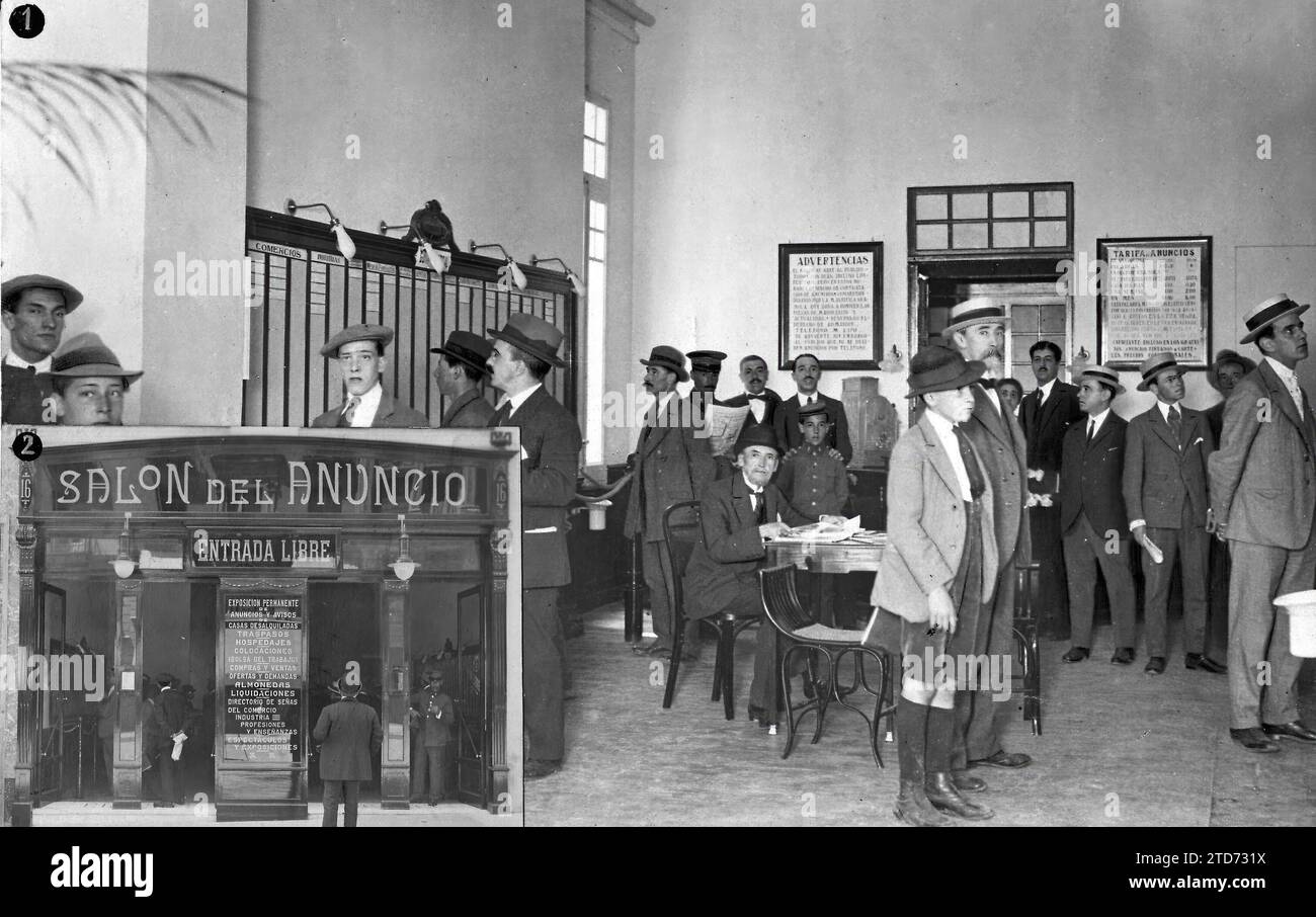 Madrid, May 1918. Original advertising establishment in Madrid. In the image marked with the number 1, we see the interior of the splendid facility; in the one marked with the number 2, the façade of the advertisement room that has been inaugurated on Avenida del Conde de Peñalver. Credit: Album / Archivo ABC / Julio Duque Stock Photo