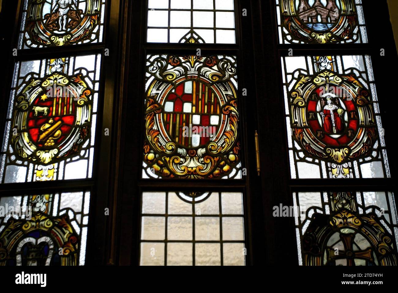 Madrid, 11/05/2007. Stained glass windows of the Madrid City Council with the coats of arms of other Spanish cities. Credit: Album / Archivo ABC / Francisco Seco Stock Photo
