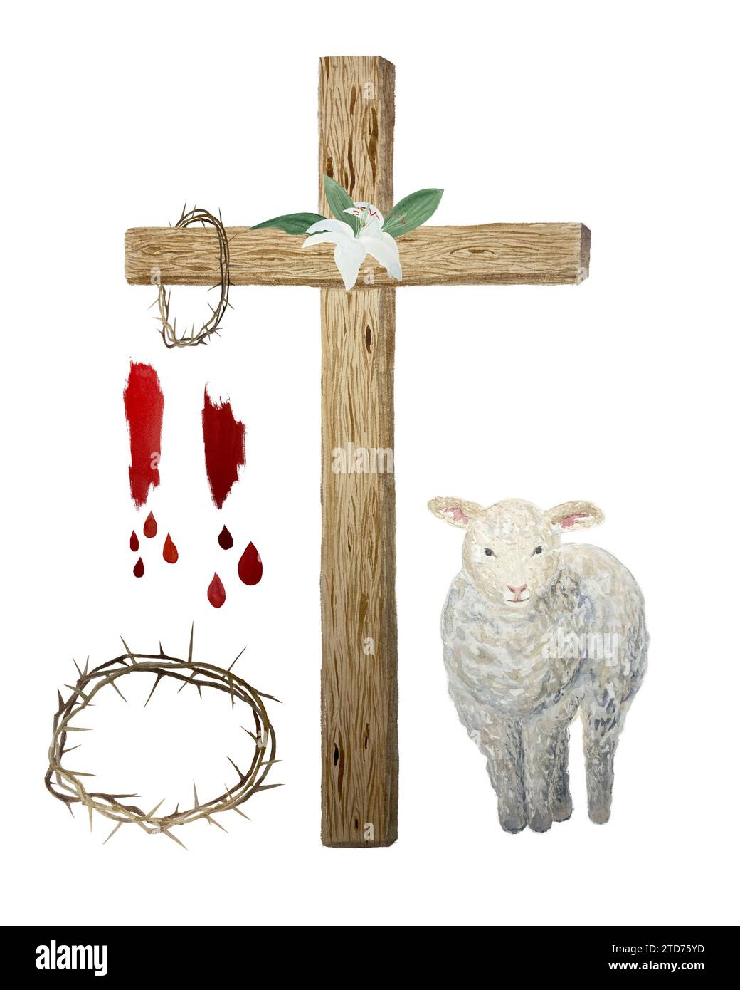 Watercolor wooden cross, lamb, crown of thorns, blood for Easter, holy Thursday, religious illustration isolated on white Stock Photo