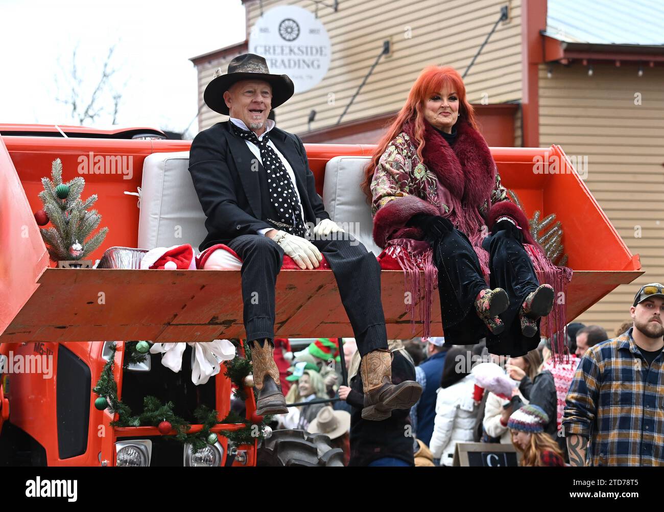 Leipers Fork, Tennessee, USA. 16th Dec, 2023. Grand marshals, Wynonna Judd and husband Cactus Moser arrived on a Kubota tractor at the Leipers Fork's Christmas Parade on December 16, 2023 in Leipers Fork, TN. Credit: Tammie Arroyo/AFF-USA.com Credit: AFF/Alamy Live News Stock Photo