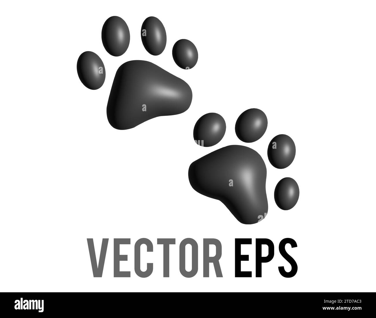 The isolated pair of dark paw prints 3D icon, showing four toes and pad, used for various content concerning pet cats and dogs Stock Vector