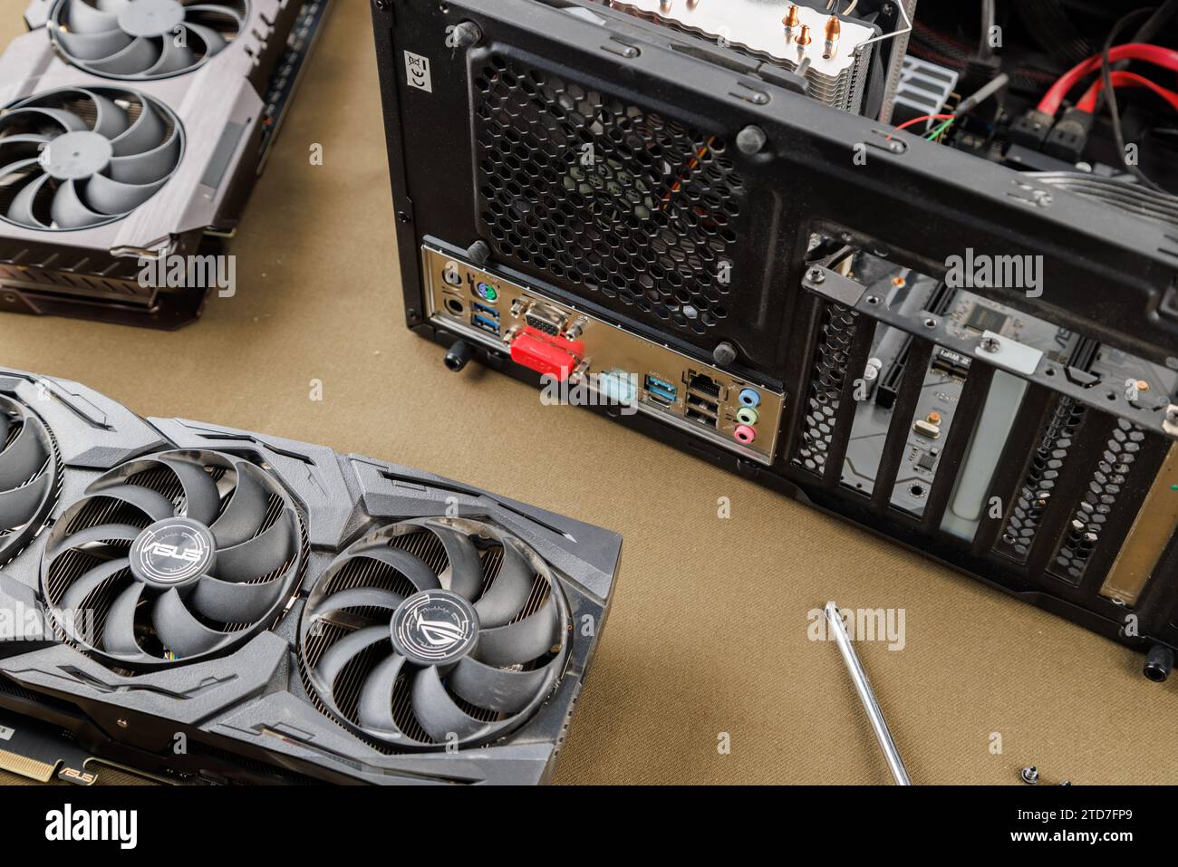 graphics card upgrading concept, two gaming graphics cards near desktop