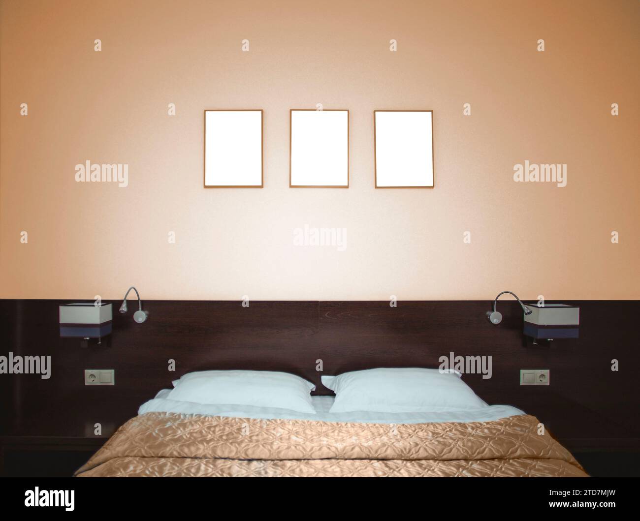Interior of a comfortable hotel bedroom in the morning in luxury style ...