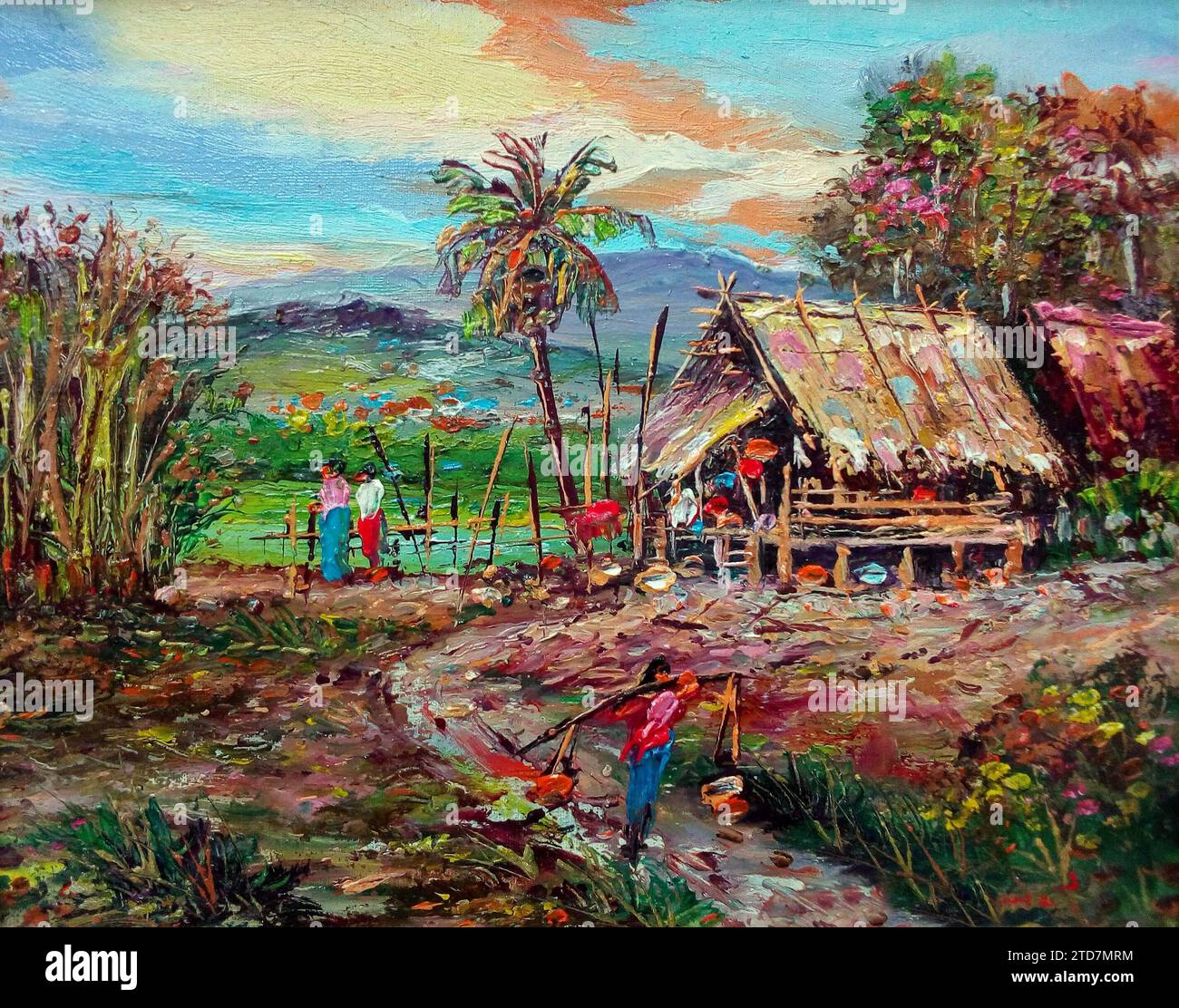 Art painting Oil color Hut northeast Thailand Countryside , rural life , rural thailand Stock Photo