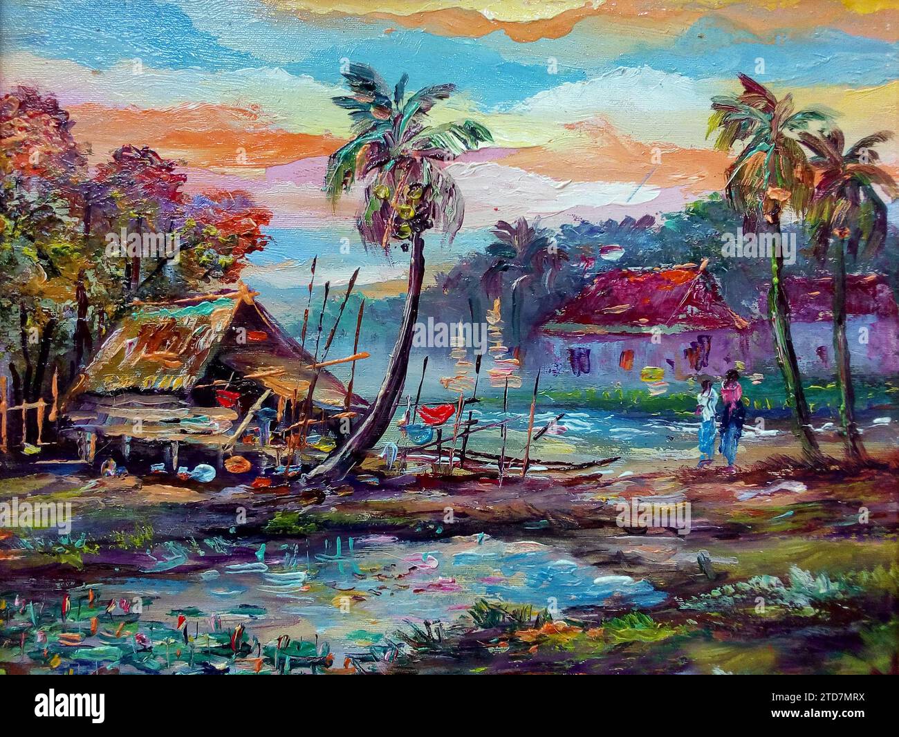 Art painting Oil color Hut northeast Thailand Countryside , rural life , rural thailand Stock Photo