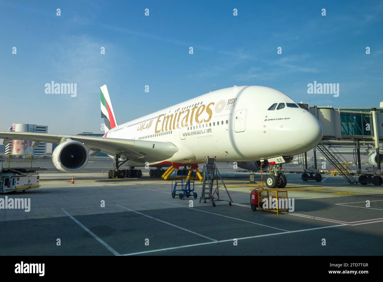 DUBAI, UAE - FEBRUARY 02, 2020: Airbus A380-800 of the Emirates Airlines in Dubai International Airport on a sunny morning Stock Photo