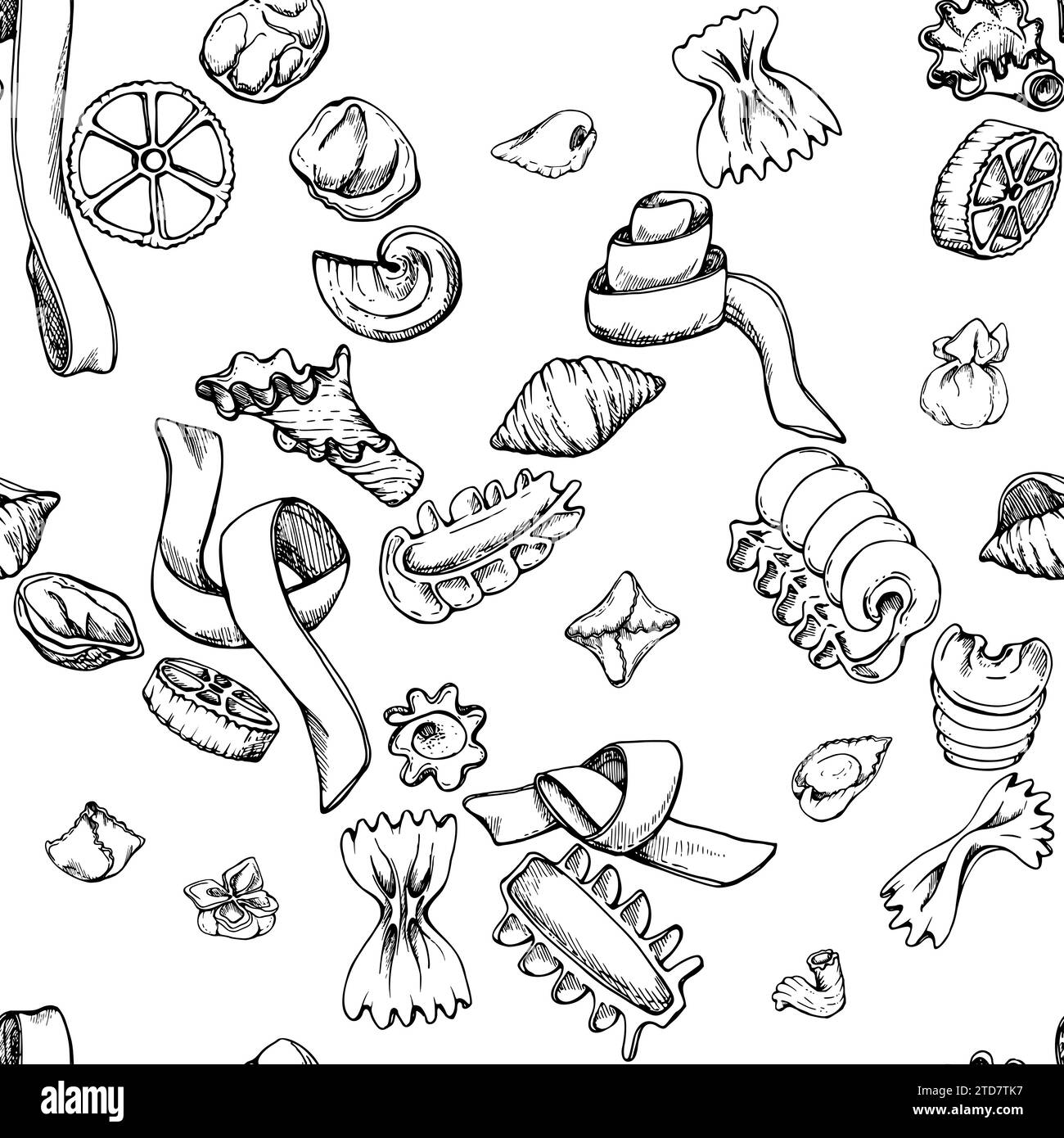 Hand drawn vector ink illustration. Different types of pasta Italian cuisine dish assortment