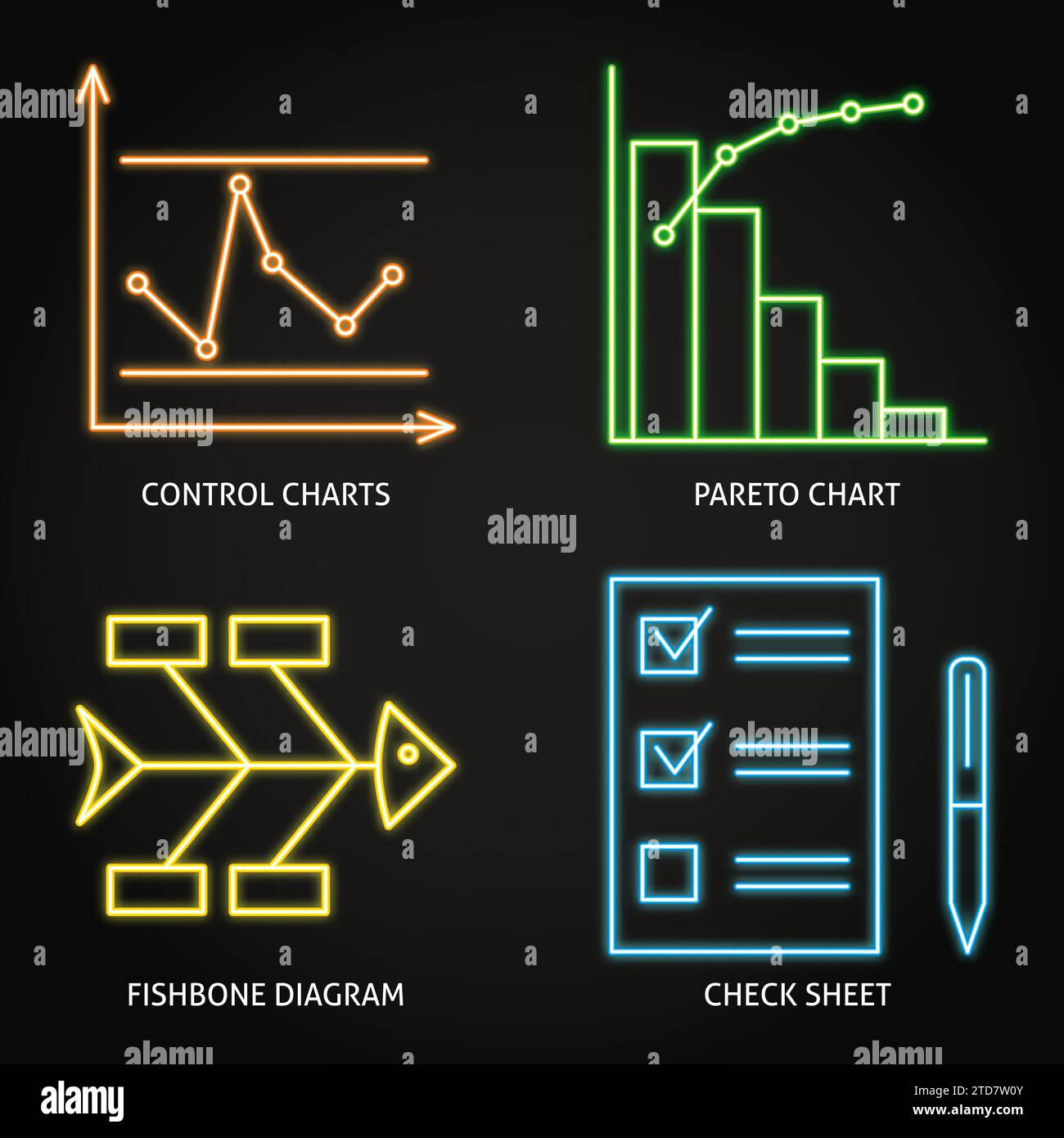 Quality control charts neon icon set. Efficiency and problem solving ...