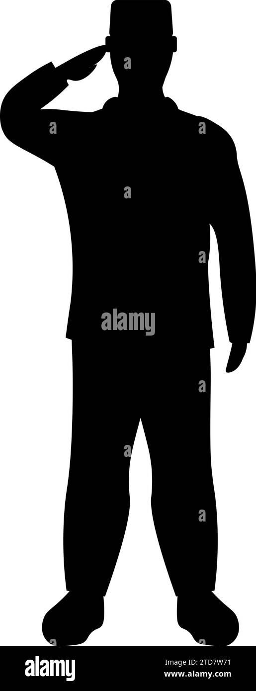 Silhouette of military man front view giving military salute at parade dedicated to Veterans Day. Black outline of soldier in uniform. Simple black an Stock Vector