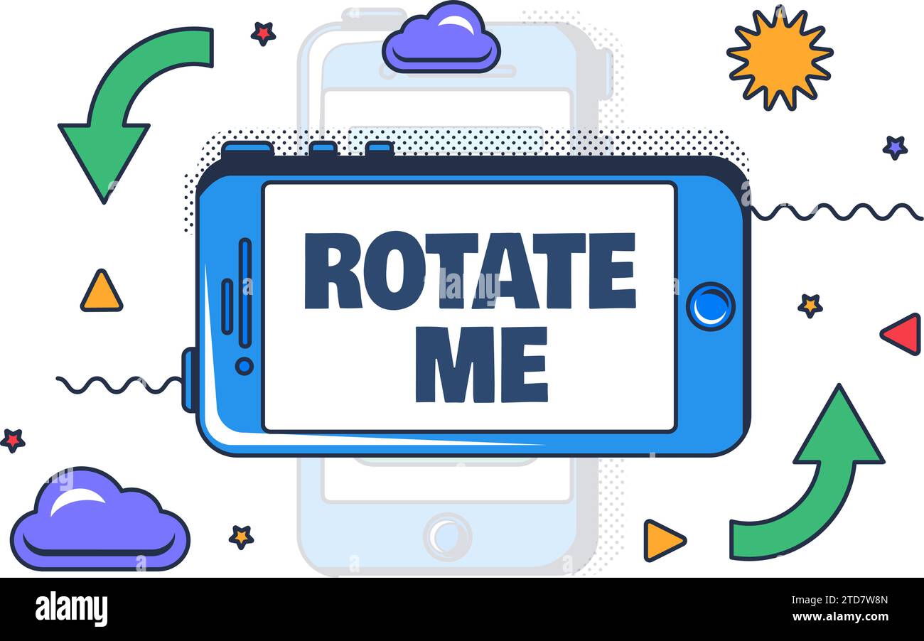 Rotate me. Smartphone turning concept. Visual instruction for dynamic using of your mobile phone for screen rotation to horizontal position. Cartoon o Stock Vector