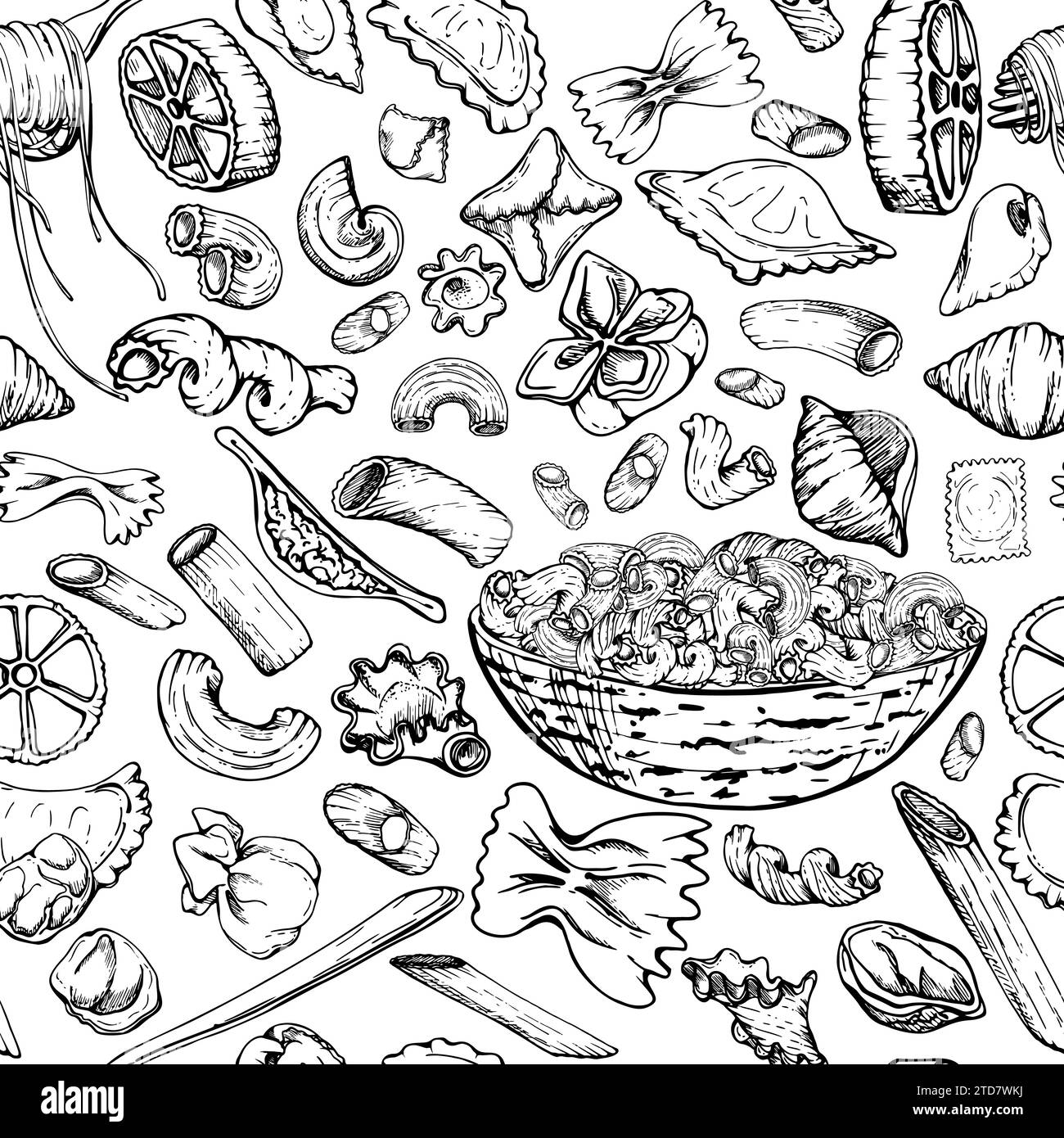 Hand drawn vector ink illustration. Different types of pasta Italian