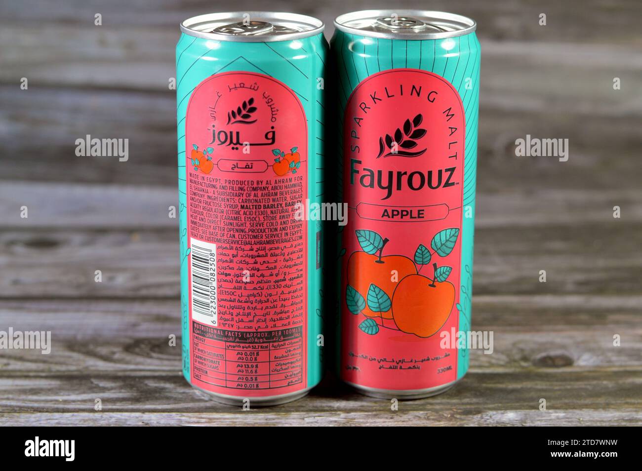 Cairo, Egypt, December 13 2023 Fayrouz Apple malt drink can, natural