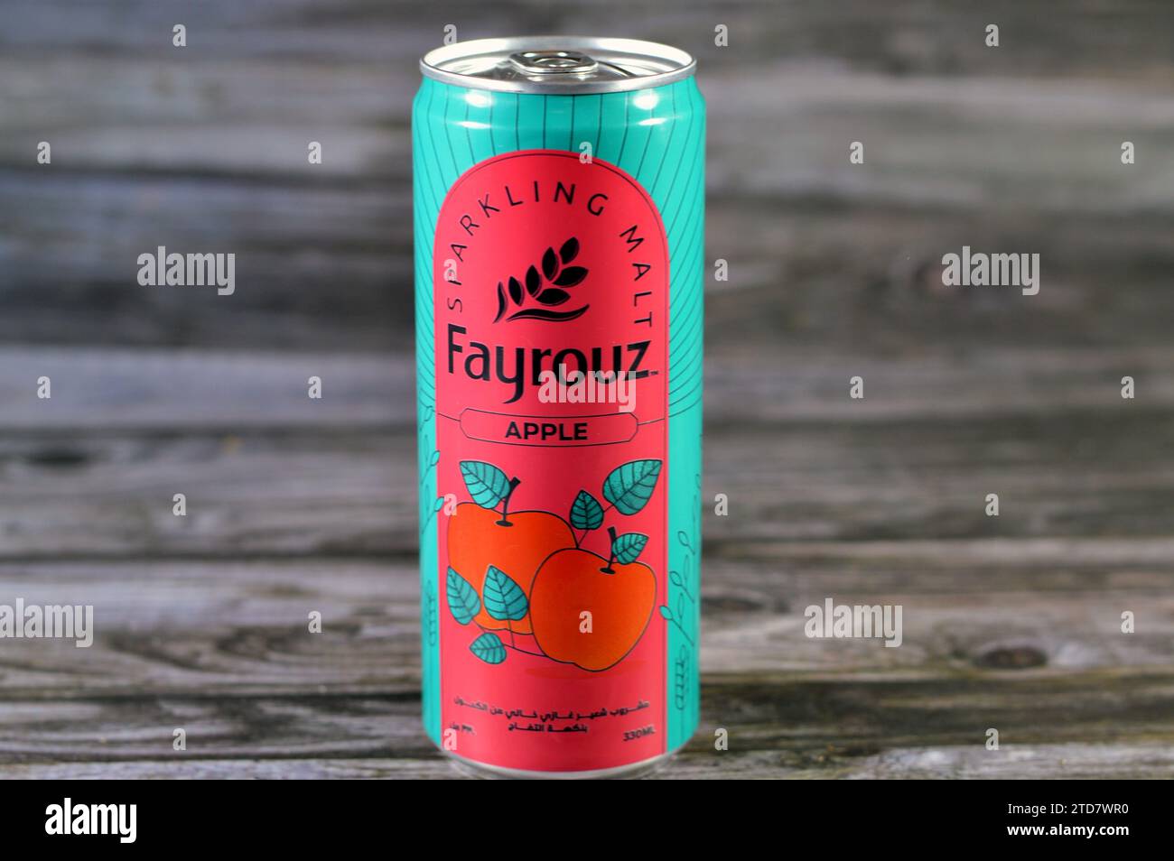 Cairo, Egypt, December 13 2023 Fayrouz Apple malt drink can, natural